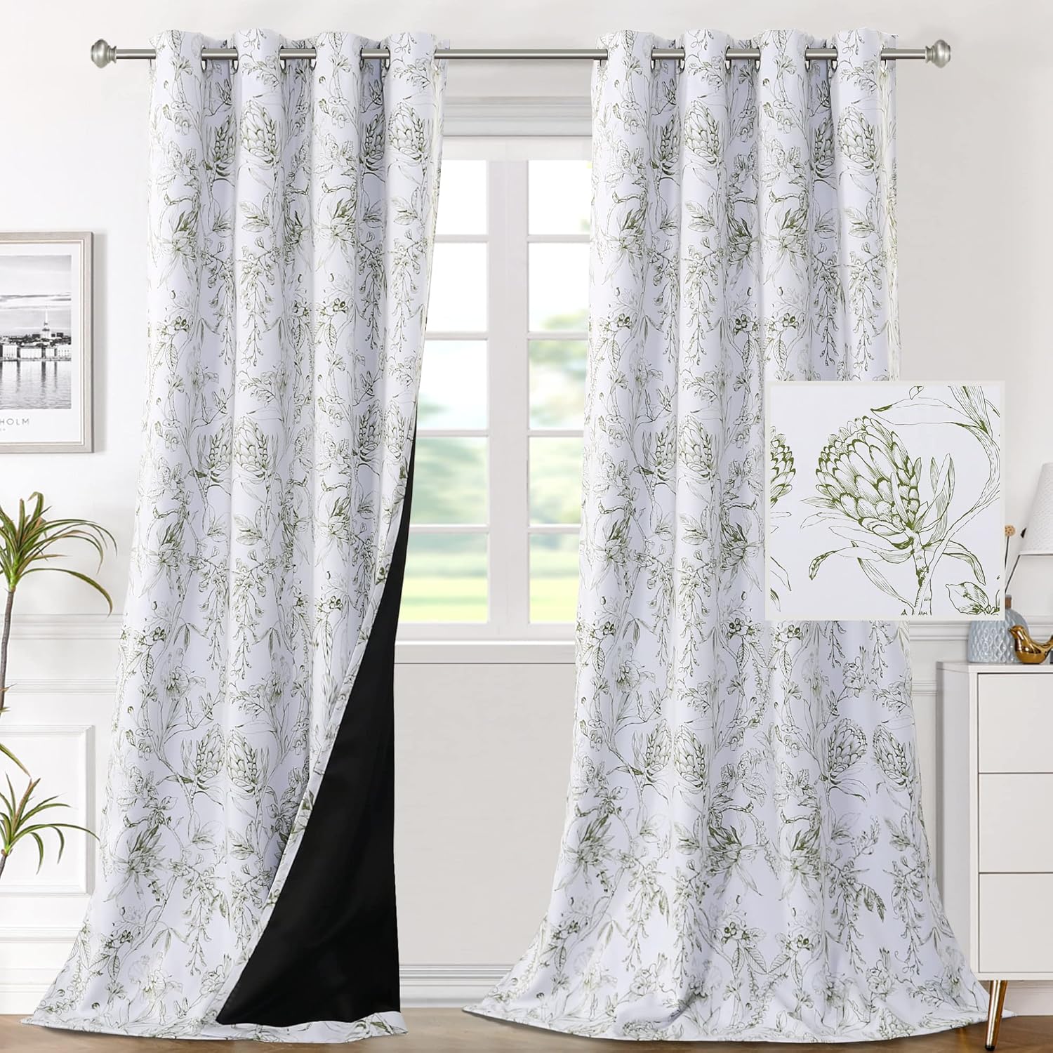 H.VERSAILTEX 100% Blackout Curtains for Living Room Camellia Floral Thermal Insulated Grommet Window Drapes 2 Panels