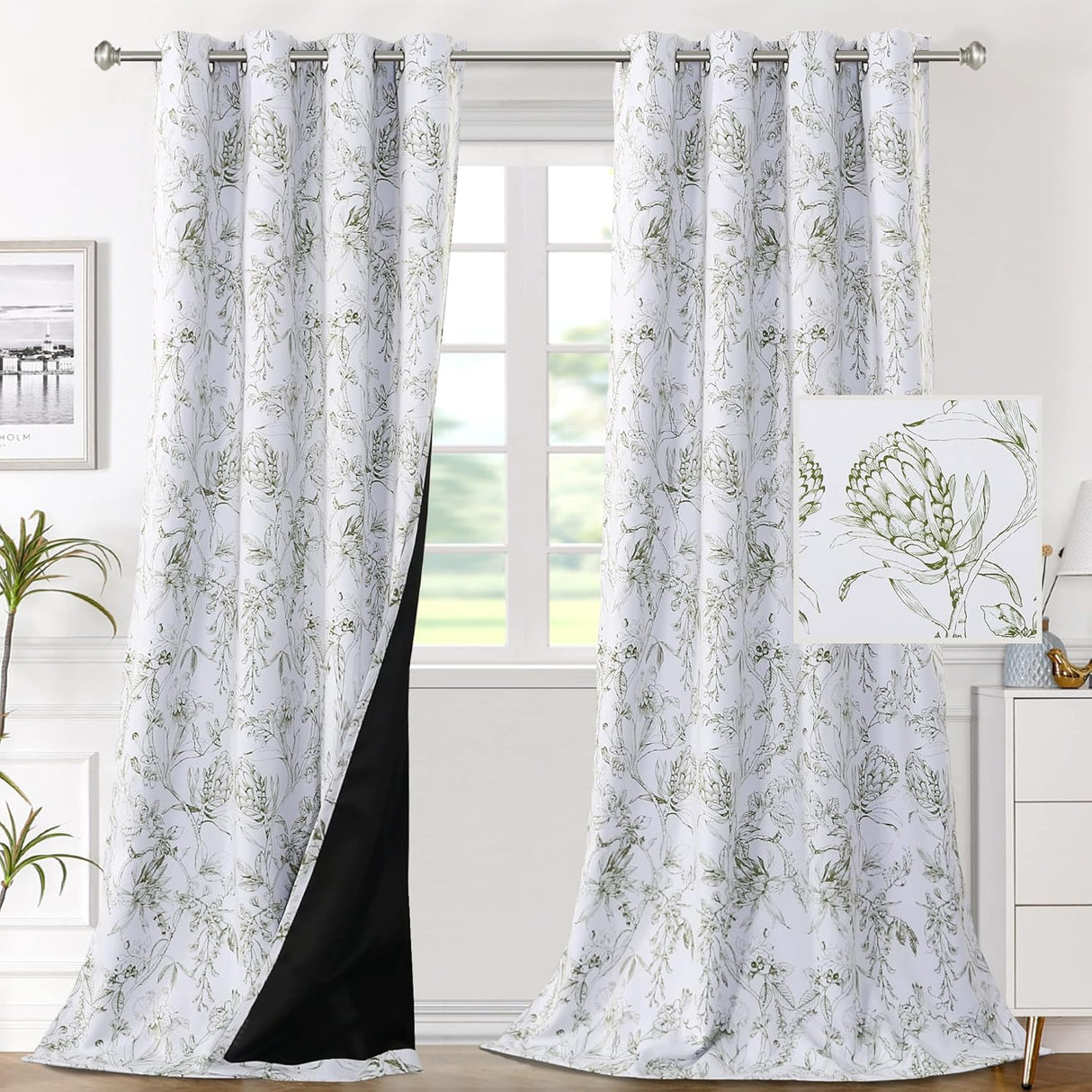H.VERSAILTEX 100% Blackout Curtains for Living Room Camellia Floral Thermal Insulated Grommet Window Drapes 2 Panels