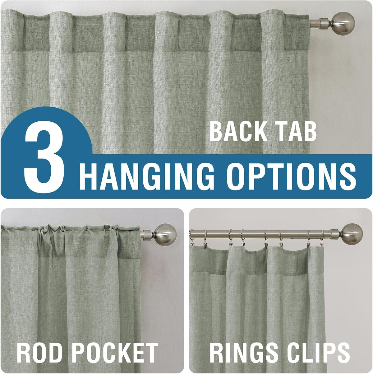 H.VERSAILTEX Natural Linen Curtains 63 inches Long for Living Room 2 Panels Back Tab Loop Pocket Textured Light Filtering Semi Sheer Curtains Rustic Farmhouse Boho Curtain for Bedroom, Sea Grass