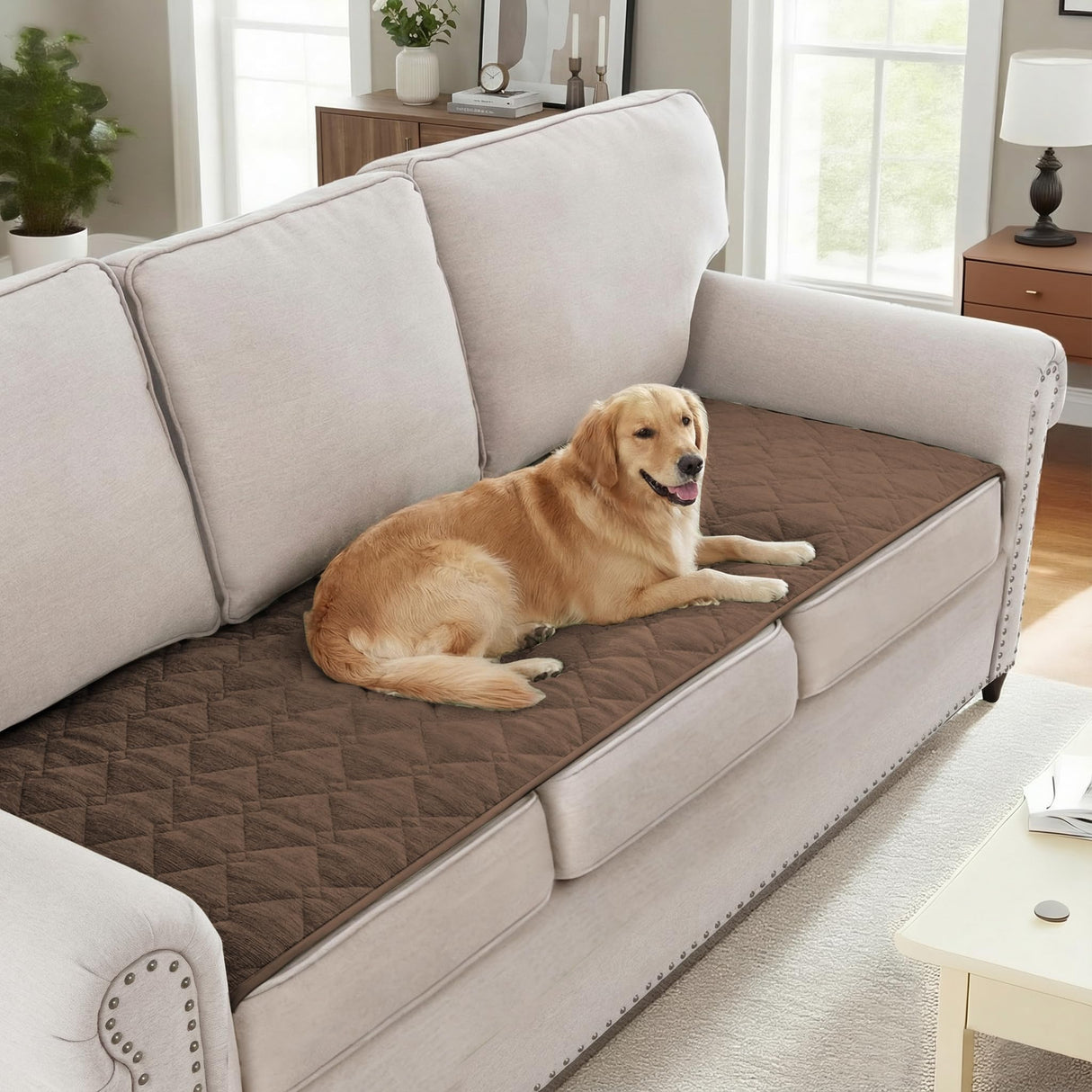 H.VERSAILTEX Couch Cover Chenille Pet Fuzzy Sofa Covers for 3 Cushion Couch Anti Slip Washable Sofa Slipcovers with Strap Soft Couch Protector Cover for Dogs Cats Kids(36" x 74",Khaki)