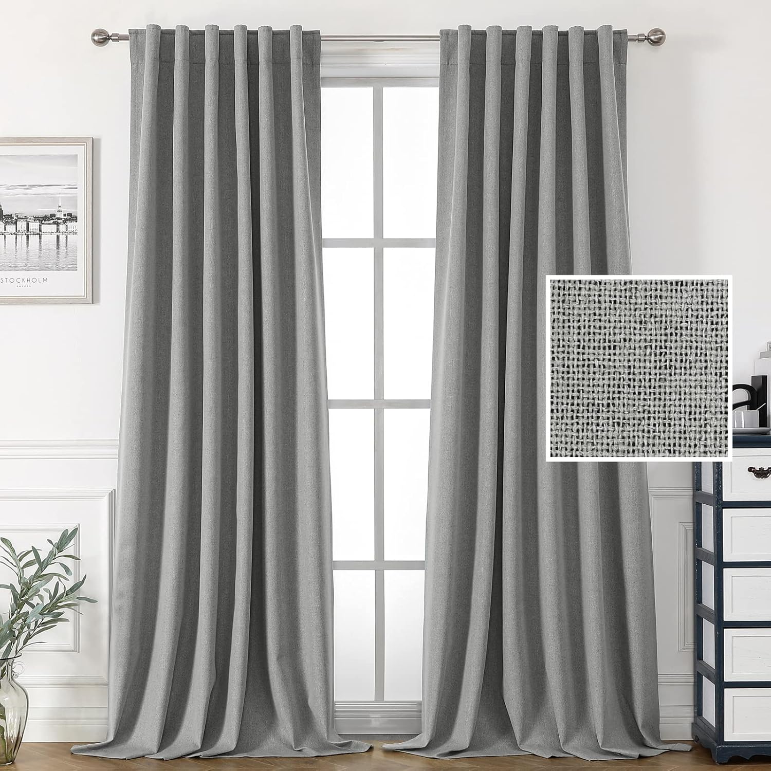 H.VERSAILTEX 100% Blackout Linen Look Curtains for Bedroom Double Face Linen Back Tab Loop Pocket Textured Burlap 2 Panels