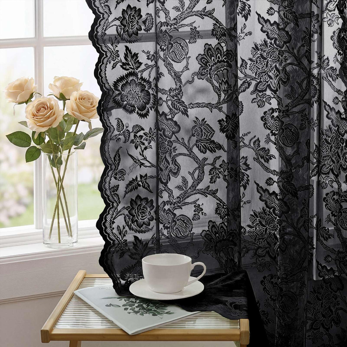 H.VERSAILTEX Cream Beige Lace Curtains 84 Inches Long 2 Panels, Rod Pocket