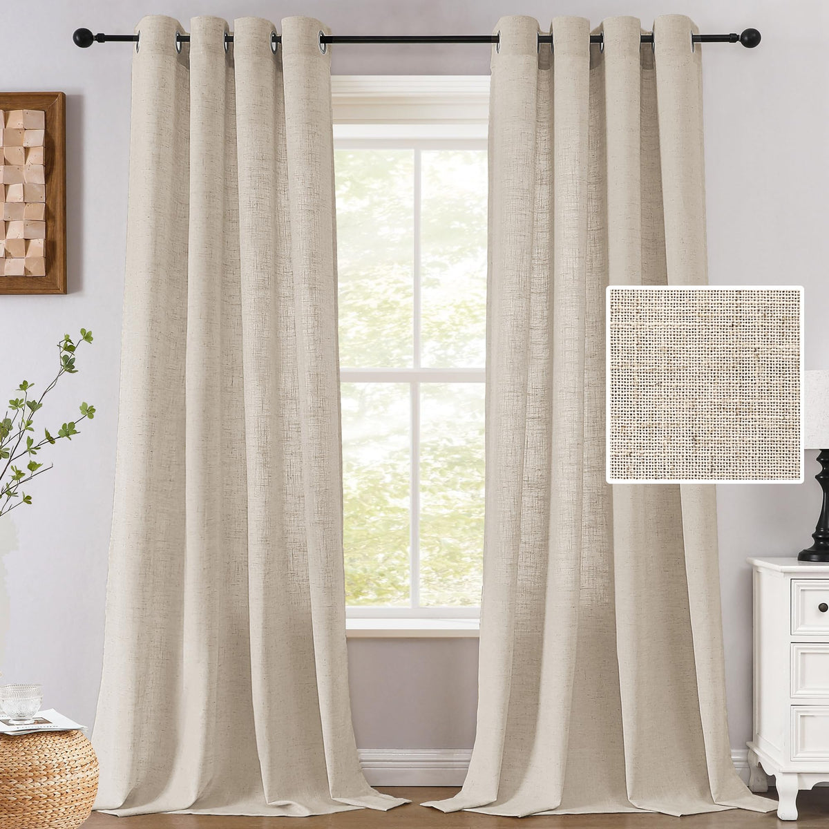 H.VERSAILTEX Light Filtering Linen Curtains 84 Inch for Bedroom, Pale Oak