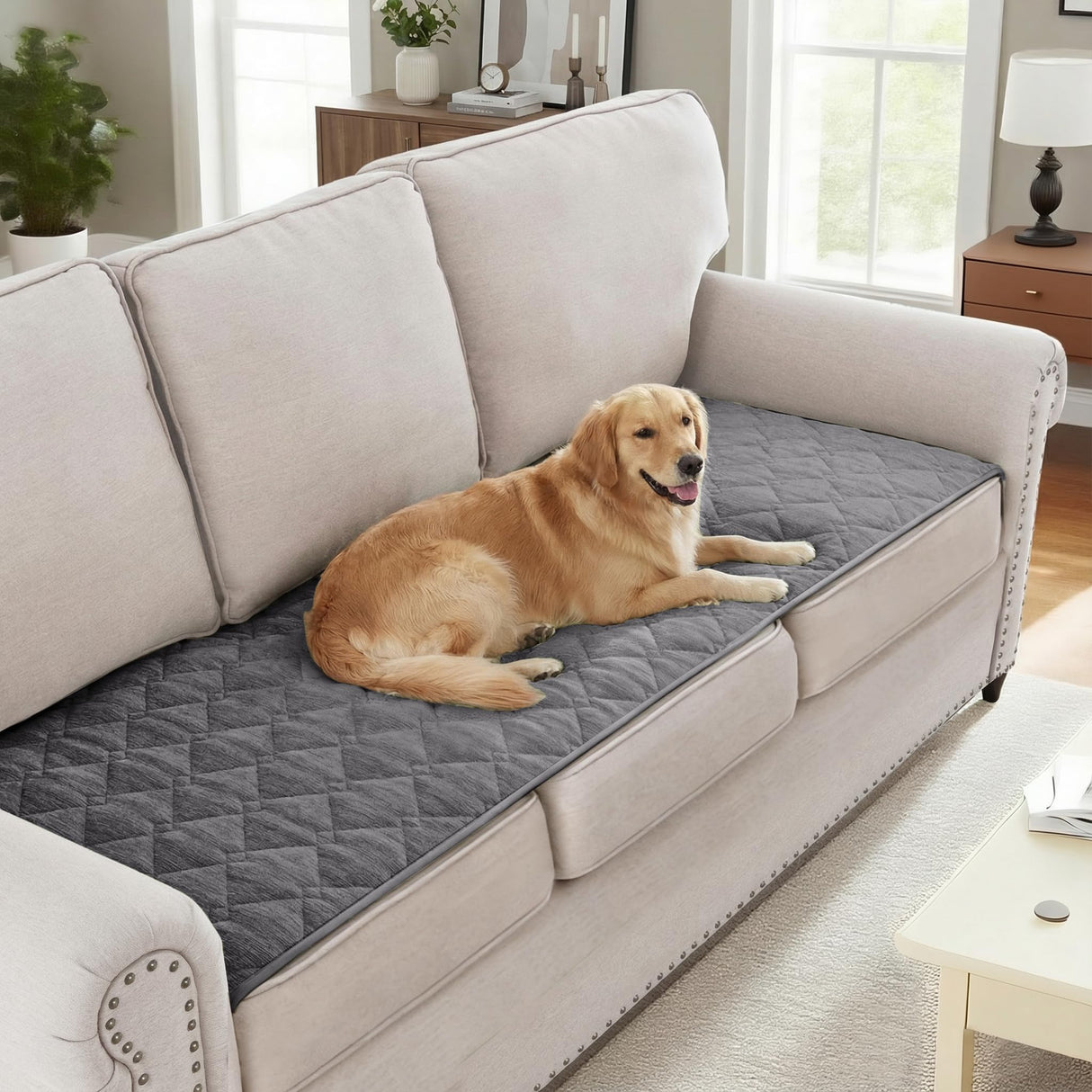 H.VERSAILTEX Couch Cover Chenille Pet Fuzzy Sofa Covers for 3 Cushion Couch Anti Slip Washable Sofa Slipcovers with Strap Soft Couch Protector Cover for Dogs Cats Kids(36" x 74",Khaki)