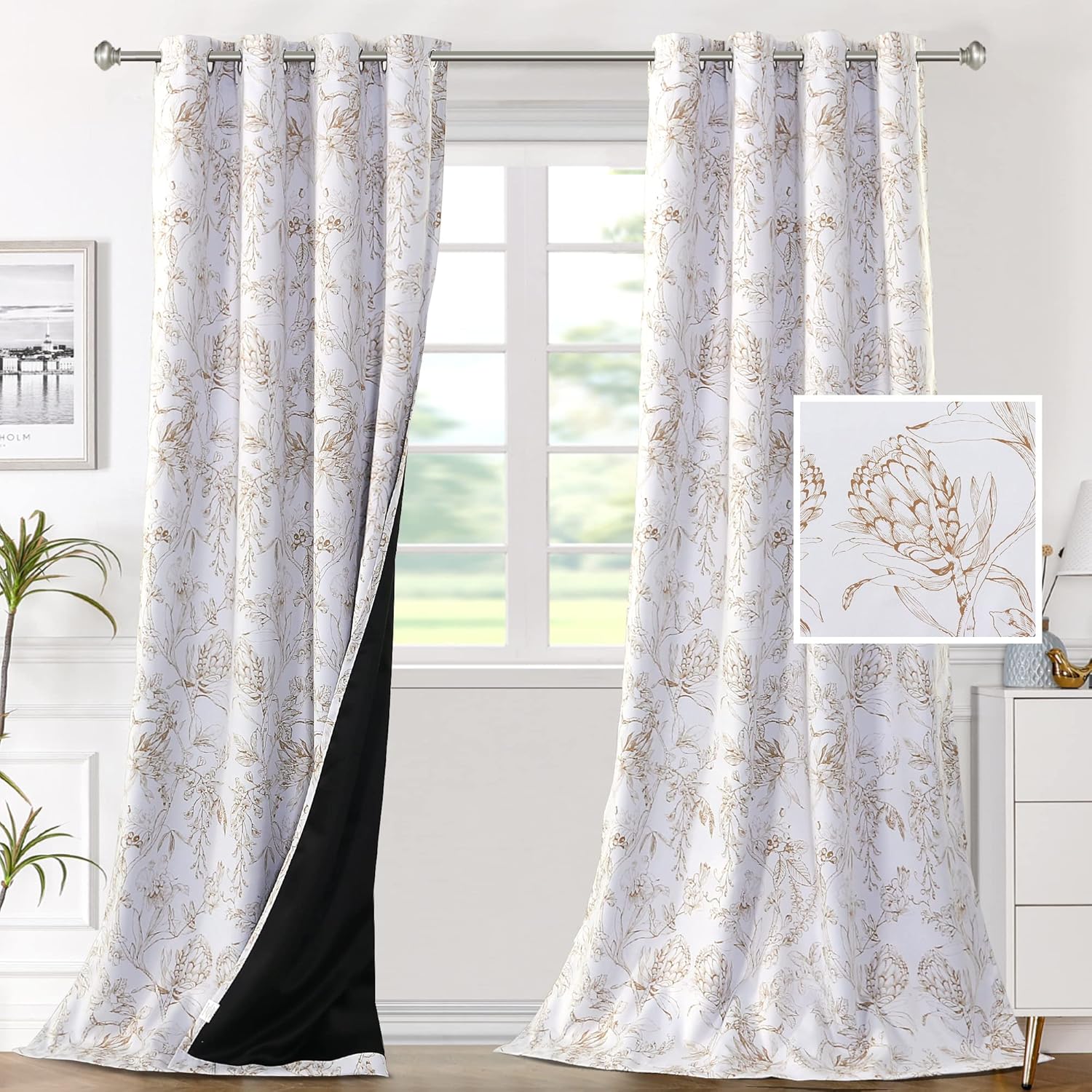 H.VERSAILTEX 100% Blackout Curtains for Living Room Camellia Floral Thermal Insulated Grommet Window Drapes 2 Panels