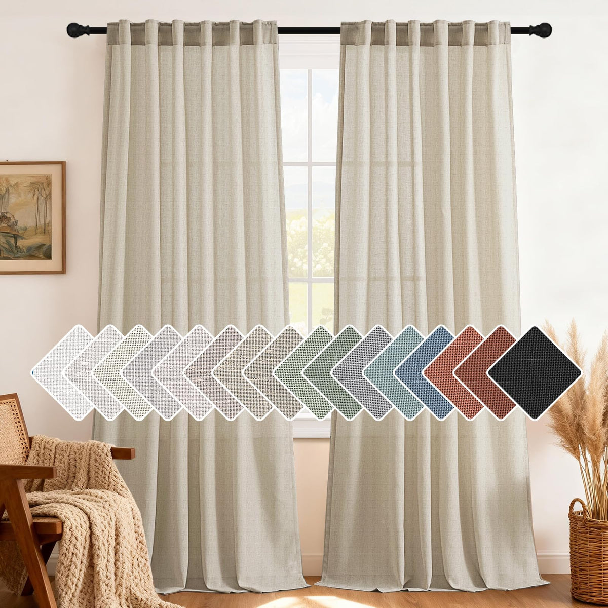 H.VERSAILTEX Natural Linen Curtains 63 inches Long for Living Room 2 Panels Back Tab Loop Pocket Textured Light Filtering Semi Sheer Curtains Rustic Farmhouse Boho Curtain for Bedroom, Sea Grass