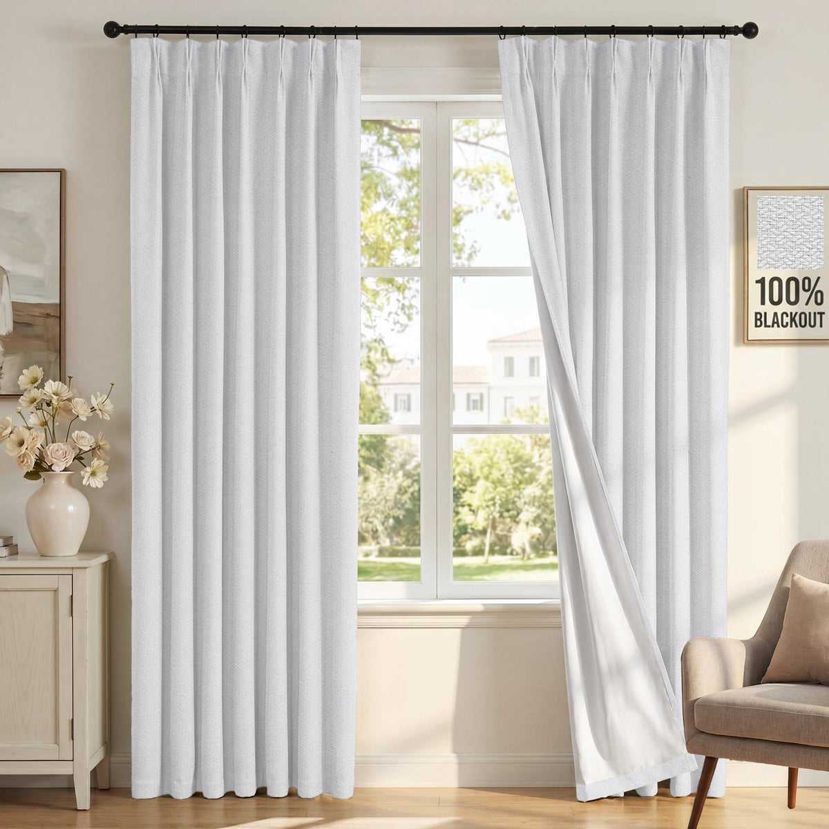 H.VERSAILTEX Ivory Pinch Pleated 100% Blackout Curtains 84 Inches Long