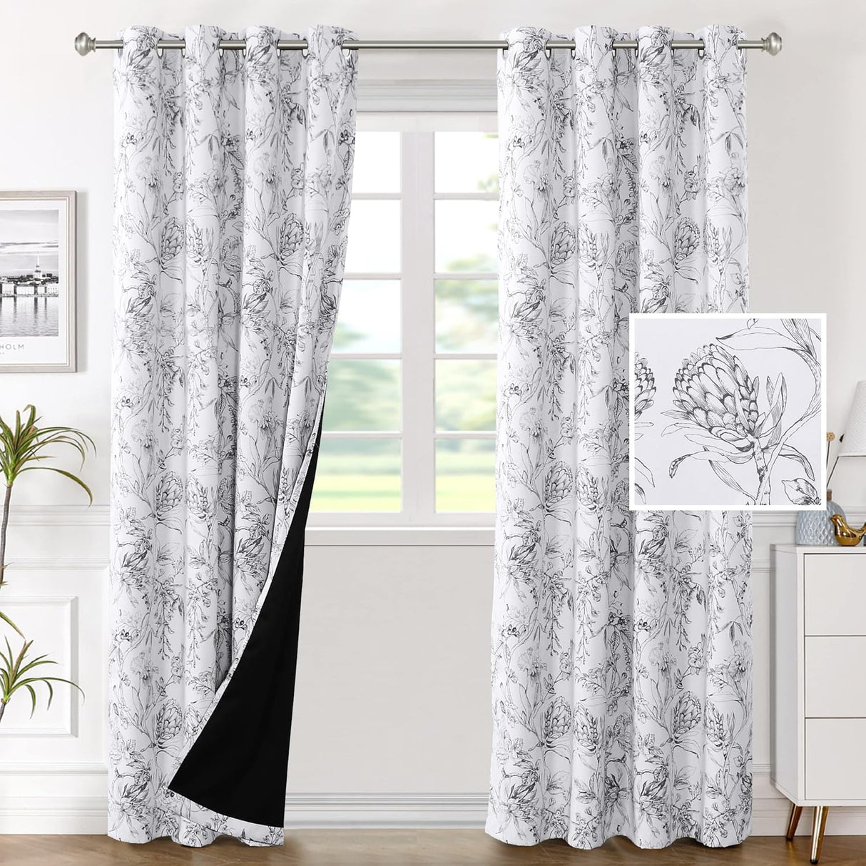 H.VERSAILTEX 100% Blackout Curtains for Living Room Camellia Floral Thermal Insulated Grommet Window Drapes 2 Panels