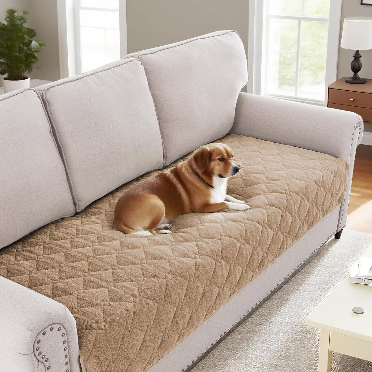 H.VERSAILTEX Couch Cover Chenille Pet Fuzzy Sofa Covers for 3 Cushion Couch Anti Slip Washable Sofa Slipcovers with Strap Soft Couch Protector Cover for Dogs Cats Kids(36" x 74",Khaki)