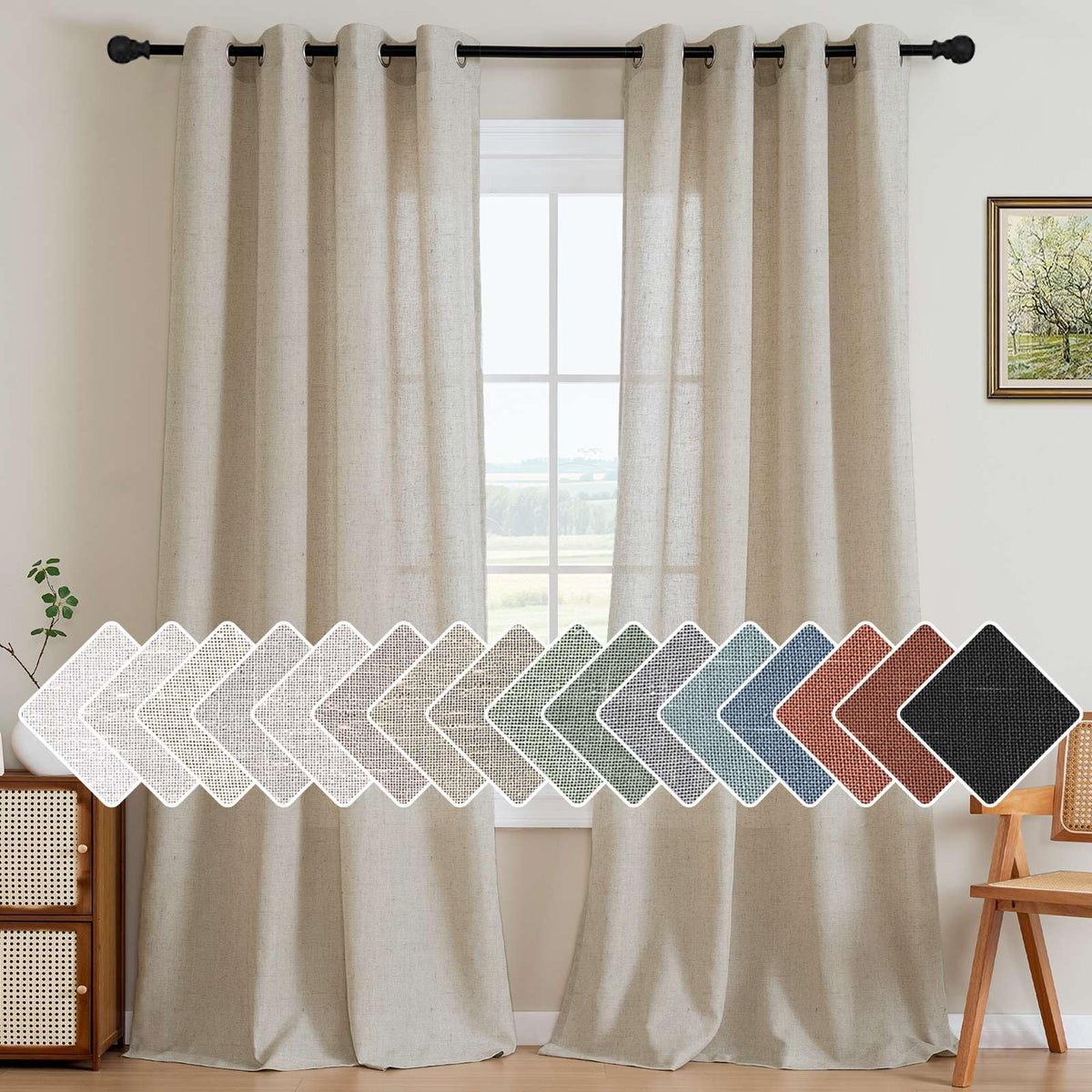 H.VERSAILTEX Natural Linen Curtains 63 inches Long for Living Room 2 Panels Back Tab Loop Pocket Textured Light Filtering Semi Sheer Curtains Rustic Farmhouse Boho Curtain for Bedroom, Sea Grass
