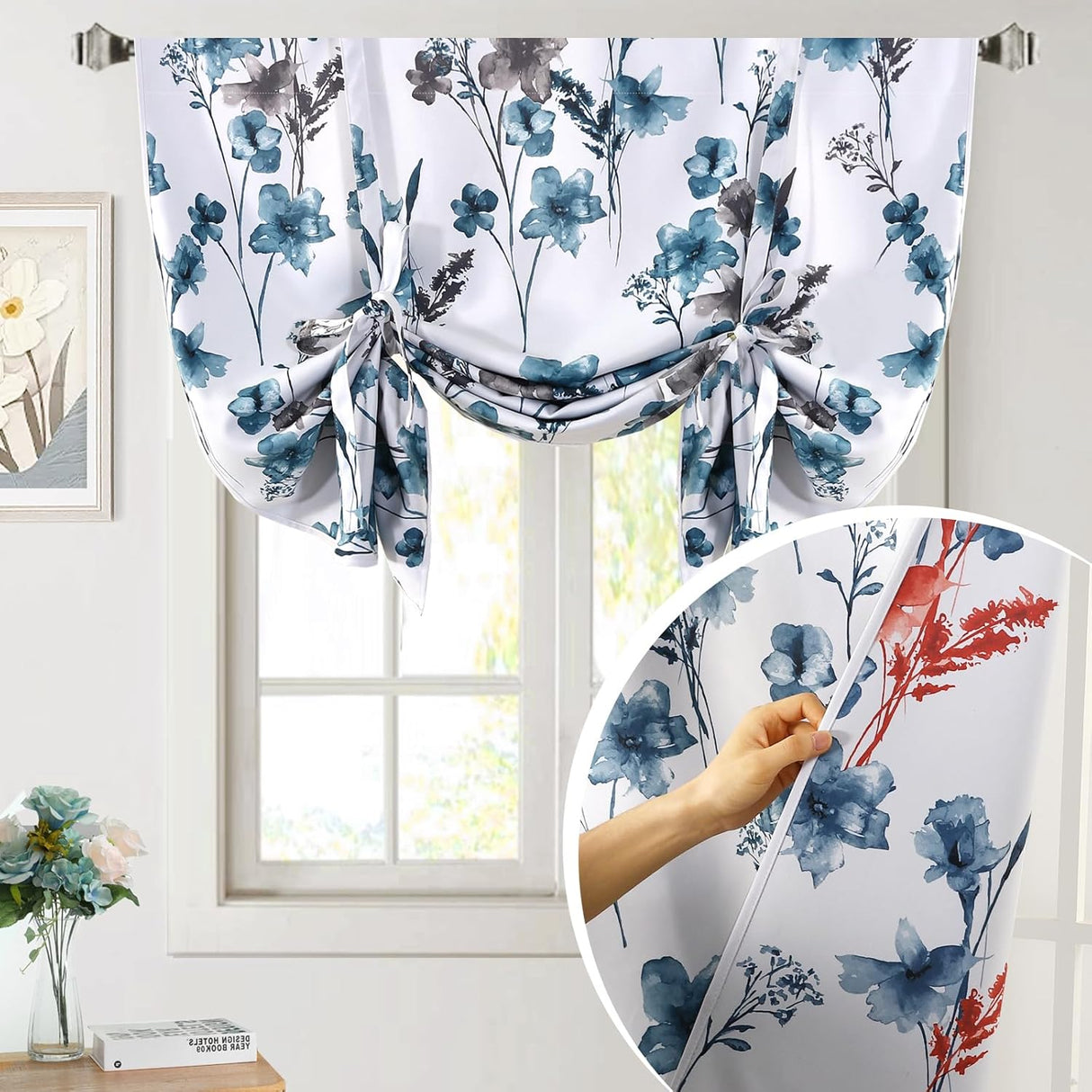 H.VERSAILTEX Tie Up Curtain Double Sided Cattleya Floral Printed Rod Pocket Balloon Roman Window Valance