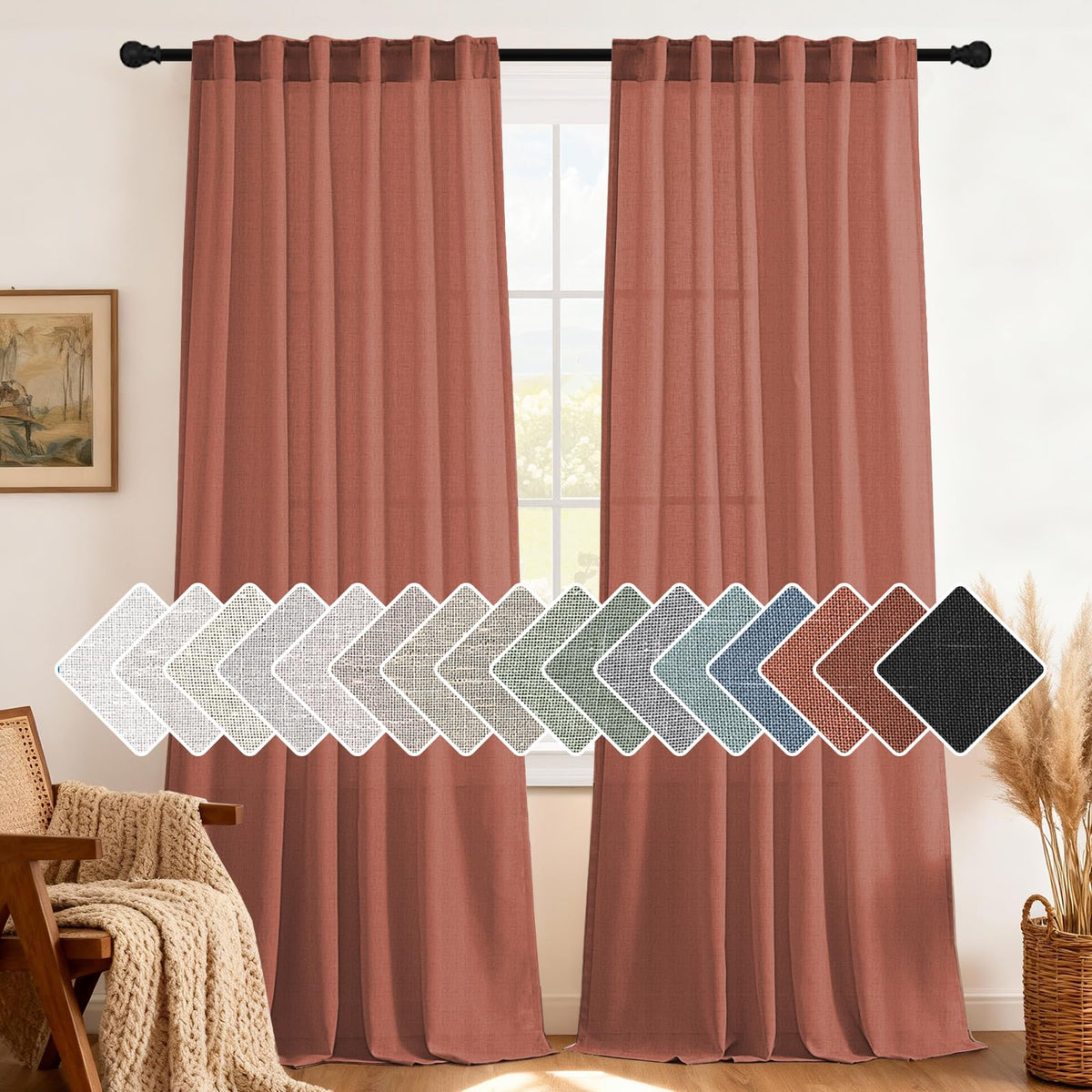 H.VERSAILTEX Natural Linen Curtains 63 inches Long for Living Room 2 Panels Back Tab Loop Pocket Textured Light Filtering Semi Sheer Curtains Rustic Farmhouse Boho Curtain for Bedroom, Sea Grass