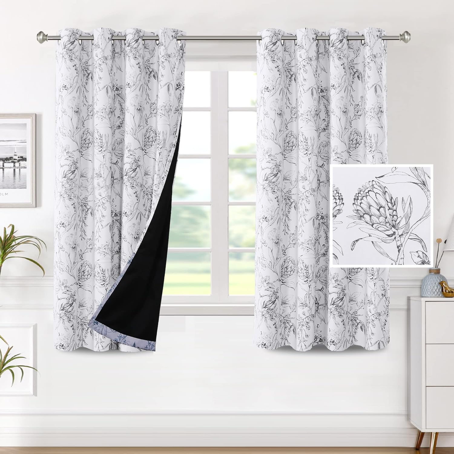 H.VERSAILTEX 100% Blackout Curtains for Living Room Camellia Floral Thermal Insulated Grommet Window Drapes 2 Panels