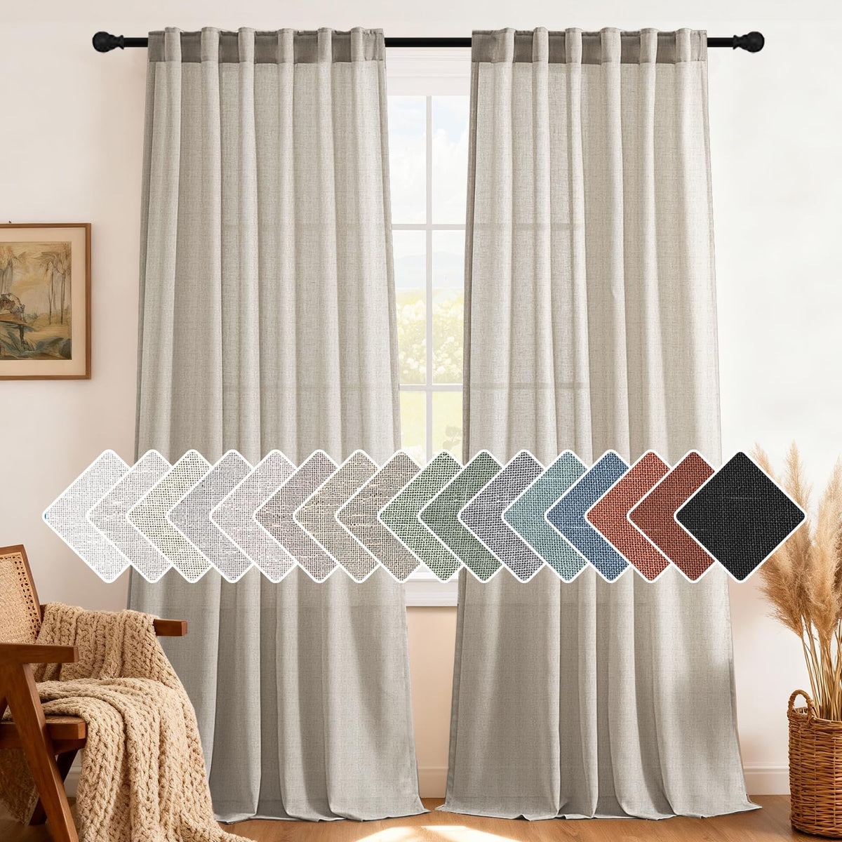 H.VERSAILTEX Natural Linen Curtains 63 inches Long for Living Room 2 Panels Back Tab Loop Pocket Textured Light Filtering Semi Sheer Curtains Rustic Farmhouse Boho Curtain for Bedroom, Sea Grass