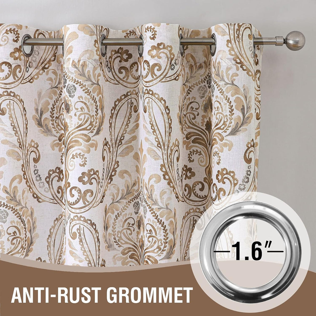 H.VERSAILTEX Farmhouse Floral Curtains for Living Room 84 Inch Length 2 Panles Set Summer Privacy Light Filtering Sheer Curtains Linen Style Drapes, Damask Printed Curtain, Taupe
