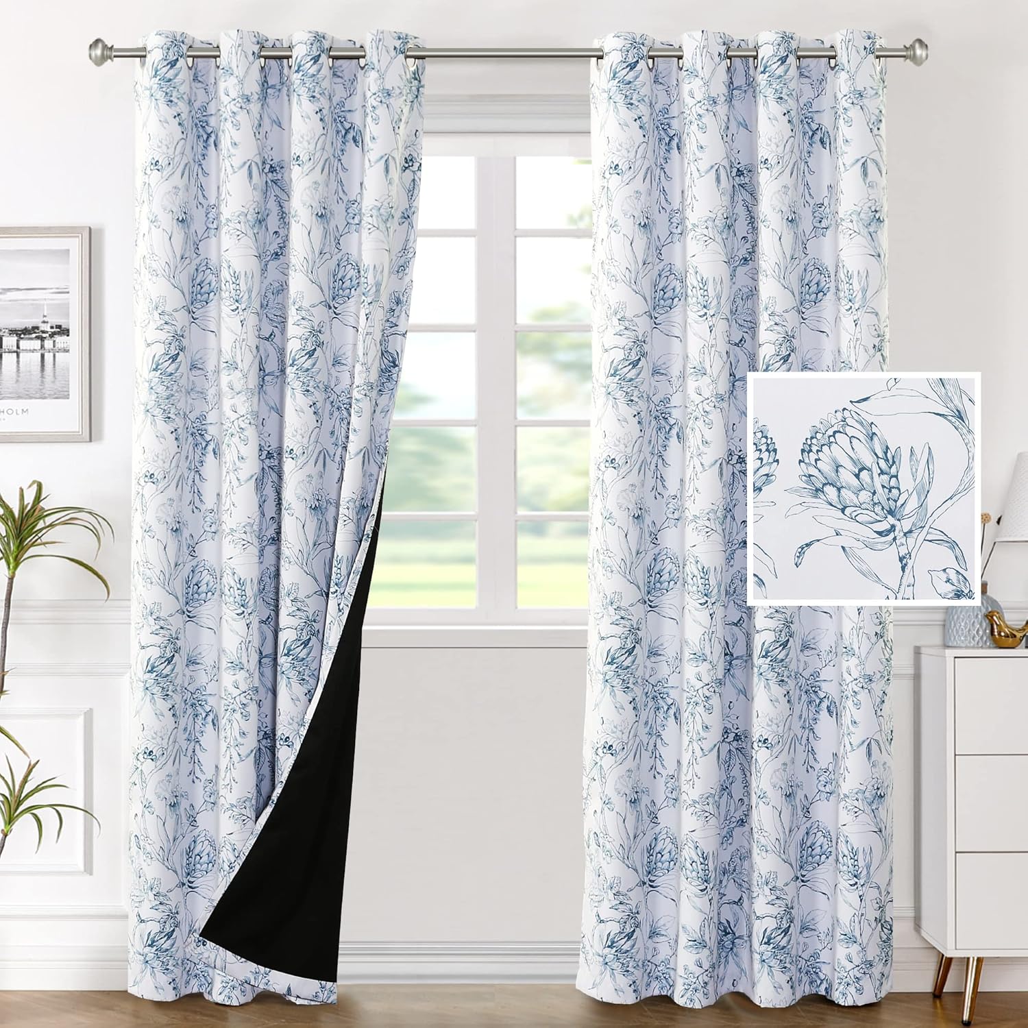 H.VERSAILTEX 100% Blackout Curtains for Living Room Camellia Floral Thermal Insulated Grommet Window Drapes 2 Panels