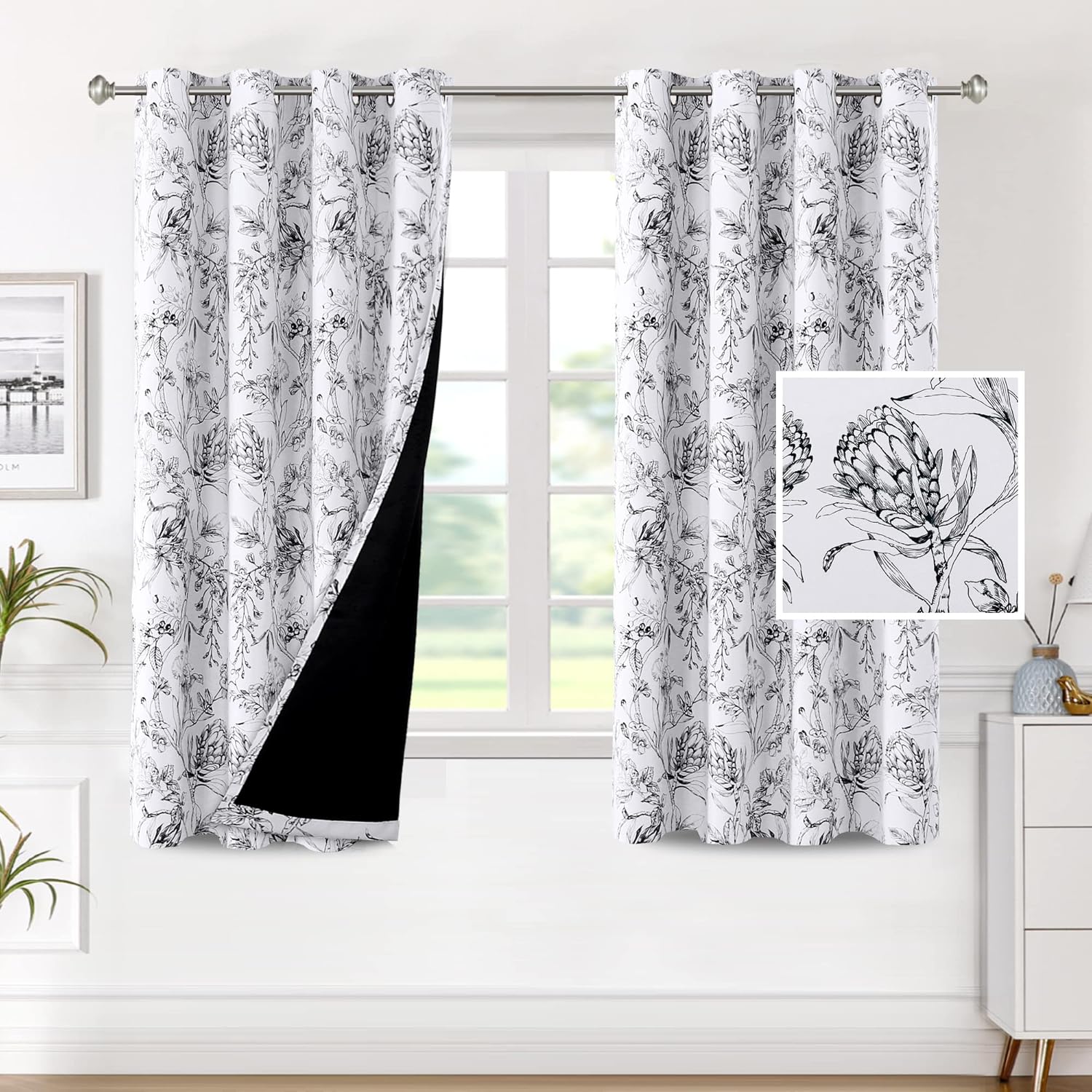 H.VERSAILTEX 100% Blackout Curtains for Living Room Camellia Floral Thermal Insulated Grommet Window Drapes 2 Panels