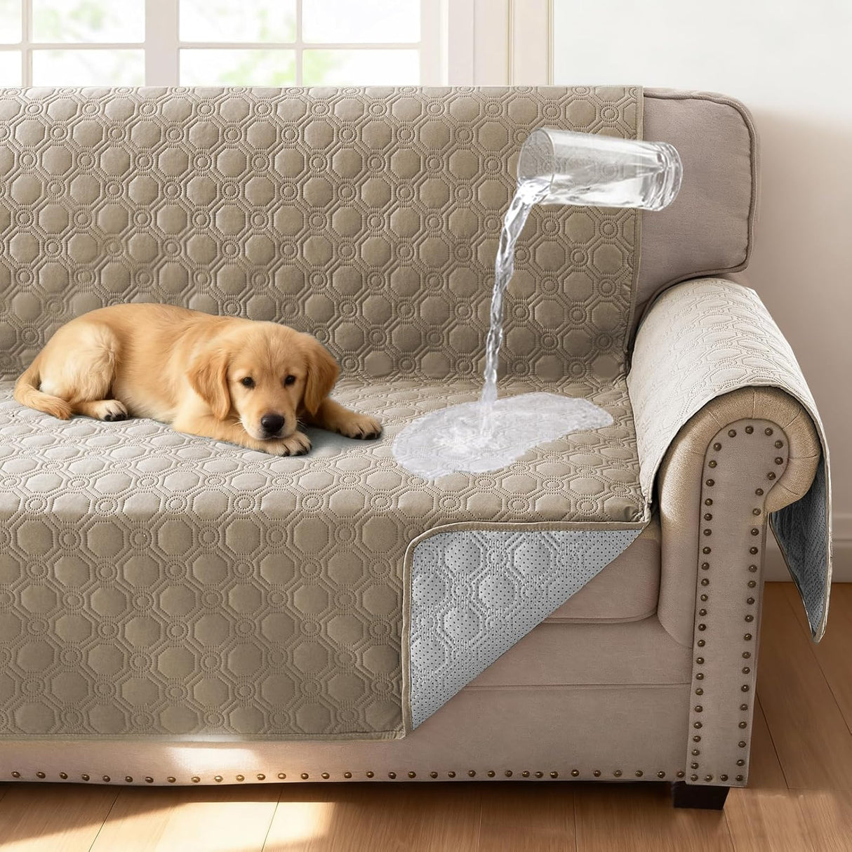 H.VERSAILTEX 100% Waterproof Couch Cover for 3 Cushion Sofa Triple Non Slip with Storage Pocket