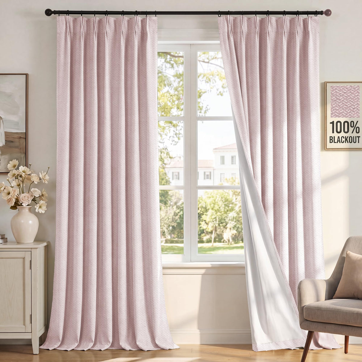 H.VERSAILTEX Ivory Pinch Pleated 100% Blackout Curtains 84 Inches Long