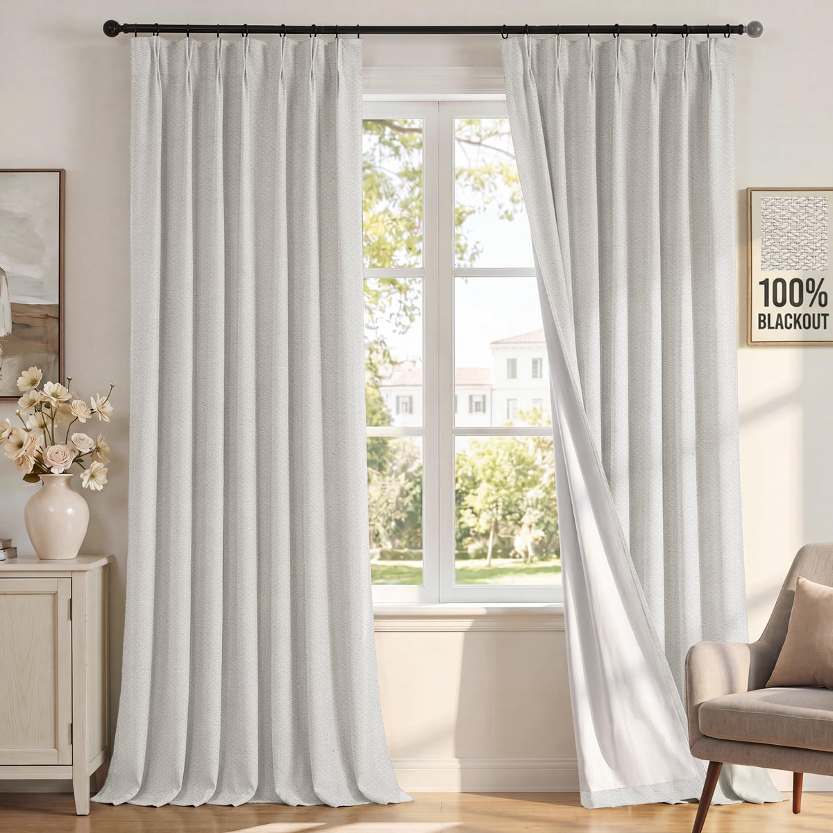 H.VERSAILTEX Ivory Pinch Pleated 100% Blackout Curtains 84 Inches Long