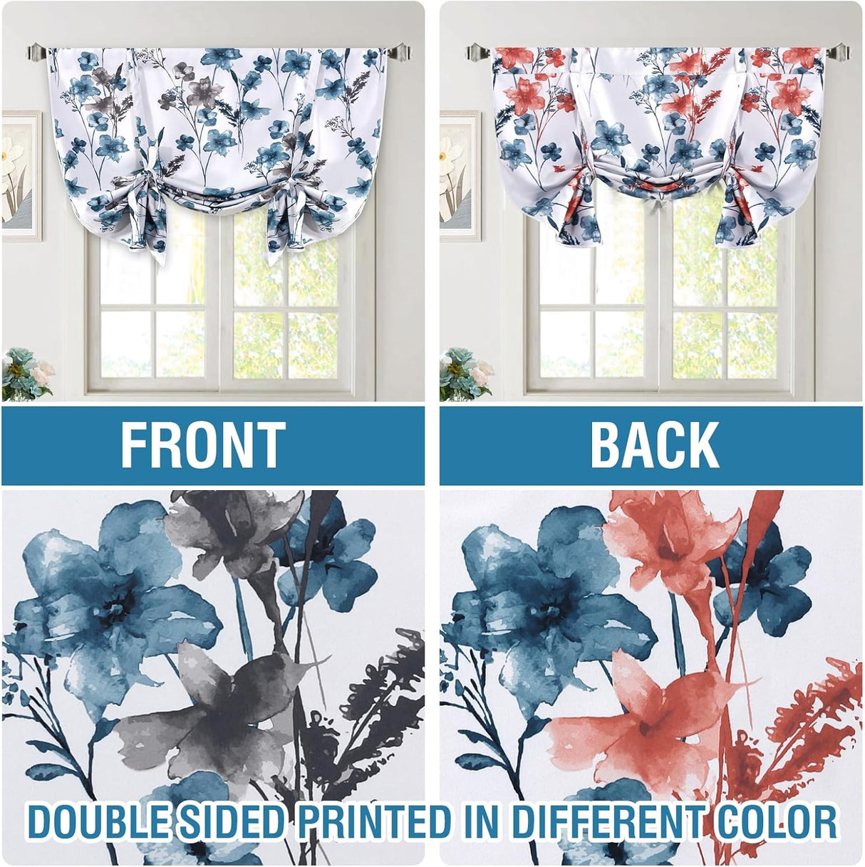 H.VERSAILTEX Tie Up Curtain Double Sided Cattleya Floral Printed Rod Pocket Balloon Roman Window Valance