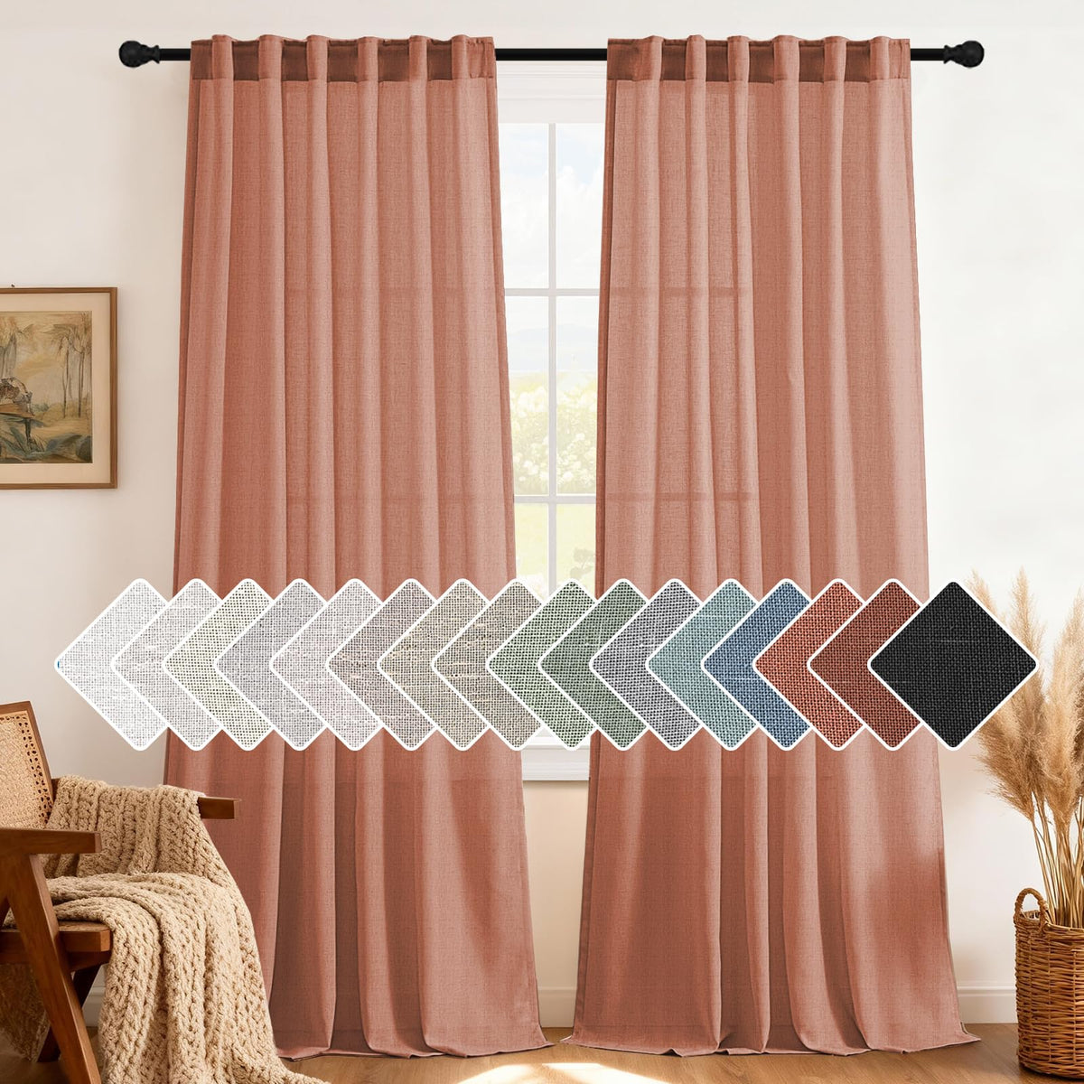 H.VERSAILTEX Natural Linen Curtains 63 inches Long for Living Room 2 Panels Back Tab Loop Pocket Textured Light Filtering Semi Sheer Curtains Rustic Farmhouse Boho Curtain for Bedroom, Sea Grass