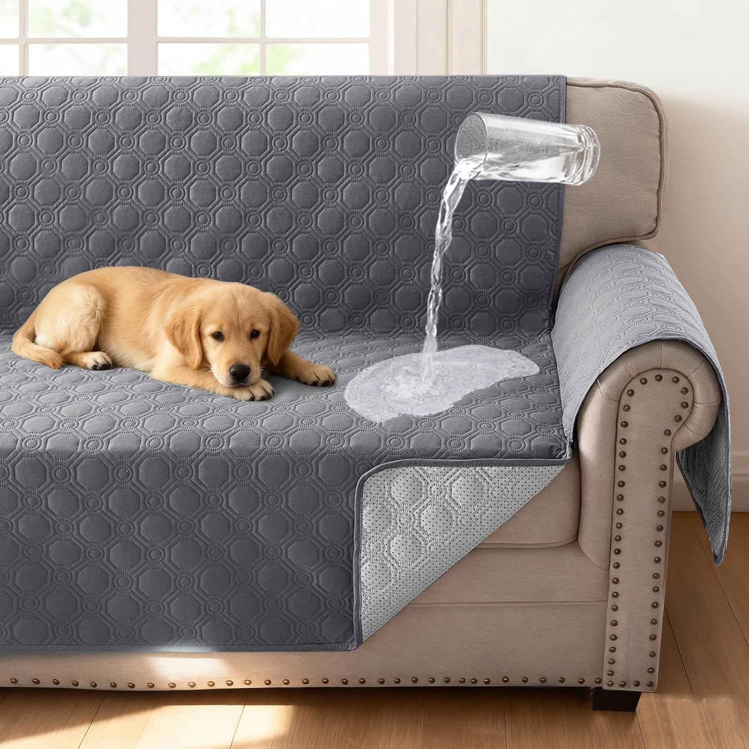 H.VERSAILTEX 100% Waterproof Couch Cover for 3 Cushion Sofa Triple Non Slip with Storage Pocket