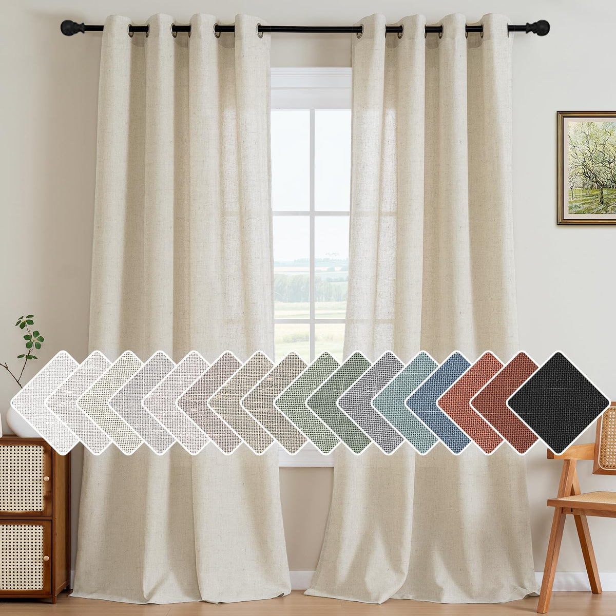 H.VERSAILTEX Natural Linen Curtains 63 inches Long for Living Room 2 Panels Back Tab Loop Pocket Textured Light Filtering Semi Sheer Curtains Rustic Farmhouse Boho Curtain for Bedroom, Sea Grass