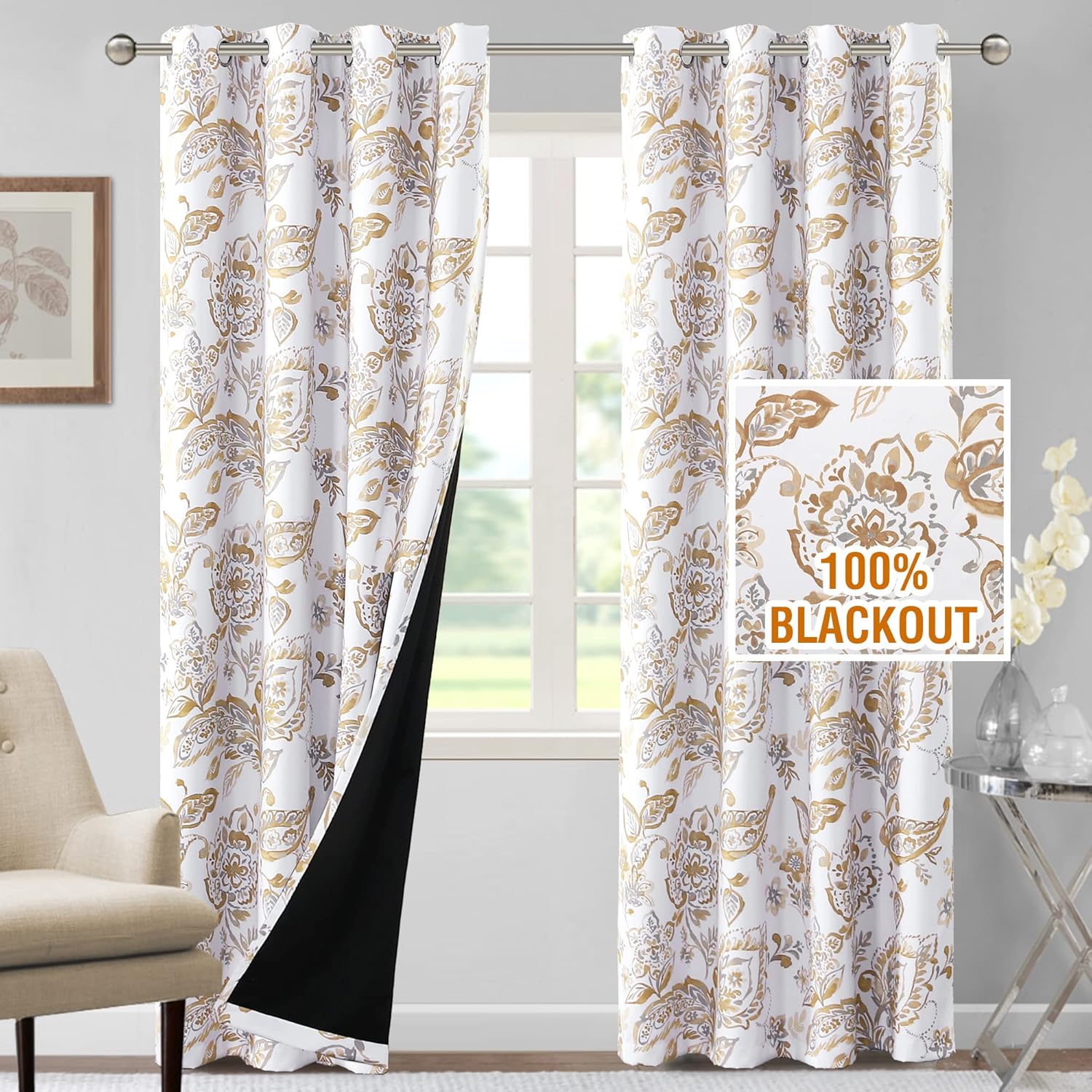 H.VERSAILTEX 100% Blackout Curtains for Living Room Camellia Floral Thermal Insulated Grommet Window Drapes 2 Panels