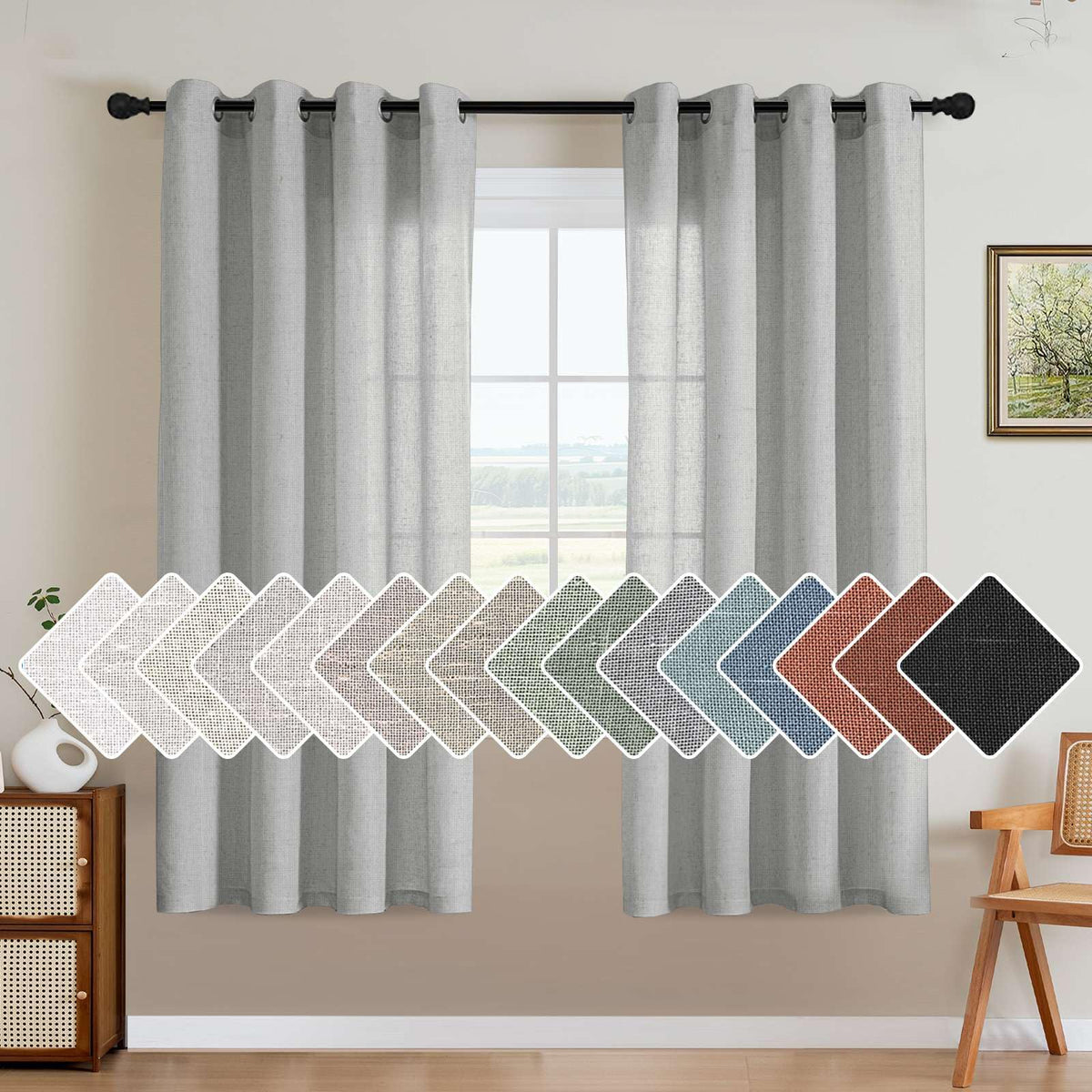 H.VERSAILTEX Natural Linen Curtains 63 inches Long for Living Room 2 Panels Back Tab Loop Pocket Textured Light Filtering Semi Sheer Curtains Rustic Farmhouse Boho Curtain for Bedroom, Sea Grass