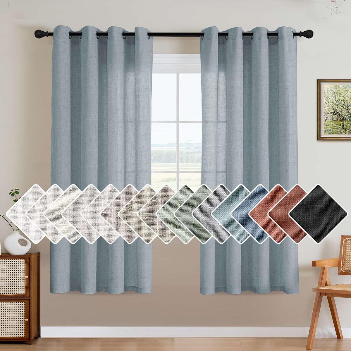 H.VERSAILTEX Natural Linen Curtains 63 inches Long for Living Room 2 Panels Back Tab Loop Pocket Textured Light Filtering Semi Sheer Curtains Rustic Farmhouse Boho Curtain for Bedroom, Sea Grass