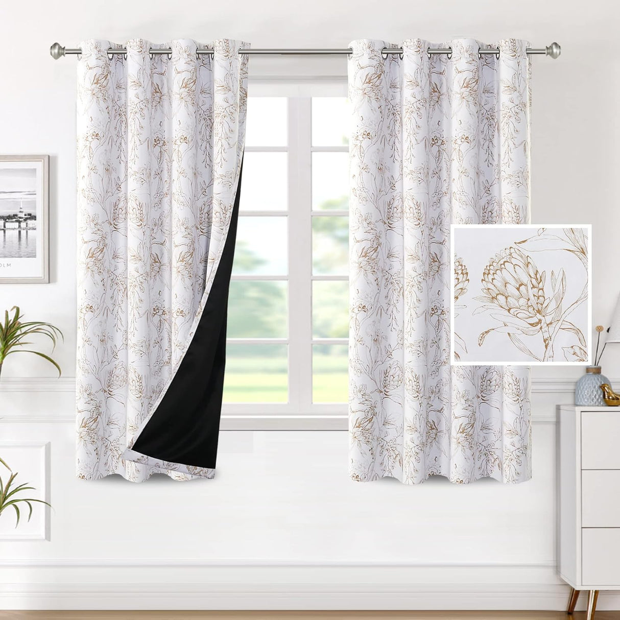 H.VERSAILTEX 100% Blackout Curtains for Living Room Camellia Floral Thermal Insulated Grommet Window Drapes 2 Panels