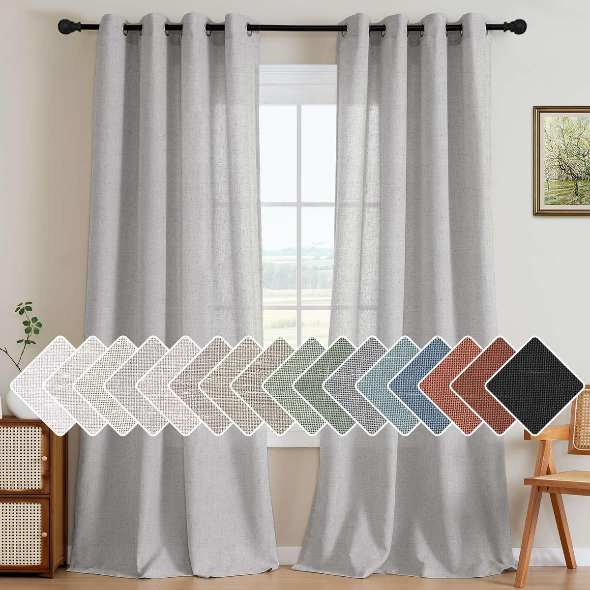 H.VERSAILTEX Natural Linen Curtains 63 inches Long for Living Room 2 Panels Back Tab Loop Pocket Textured Light Filtering Semi Sheer Curtains Rustic Farmhouse Boho Curtain for Bedroom, Sea Grass