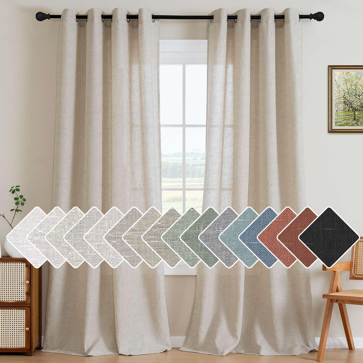 H.VERSAILTEX Natural Linen Curtains 63 inches Long for Living Room 2 Panels Back Tab Loop Pocket Textured Light Filtering Semi Sheer Curtains Rustic Farmhouse Boho Curtain for Bedroom, Sea Grass