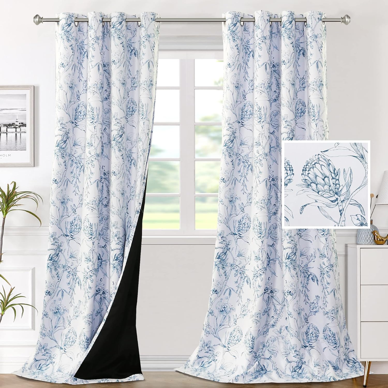H.VERSAILTEX 100% Blackout Curtains for Living Room Camellia Floral Thermal Insulated Grommet Window Drapes 2 Panels