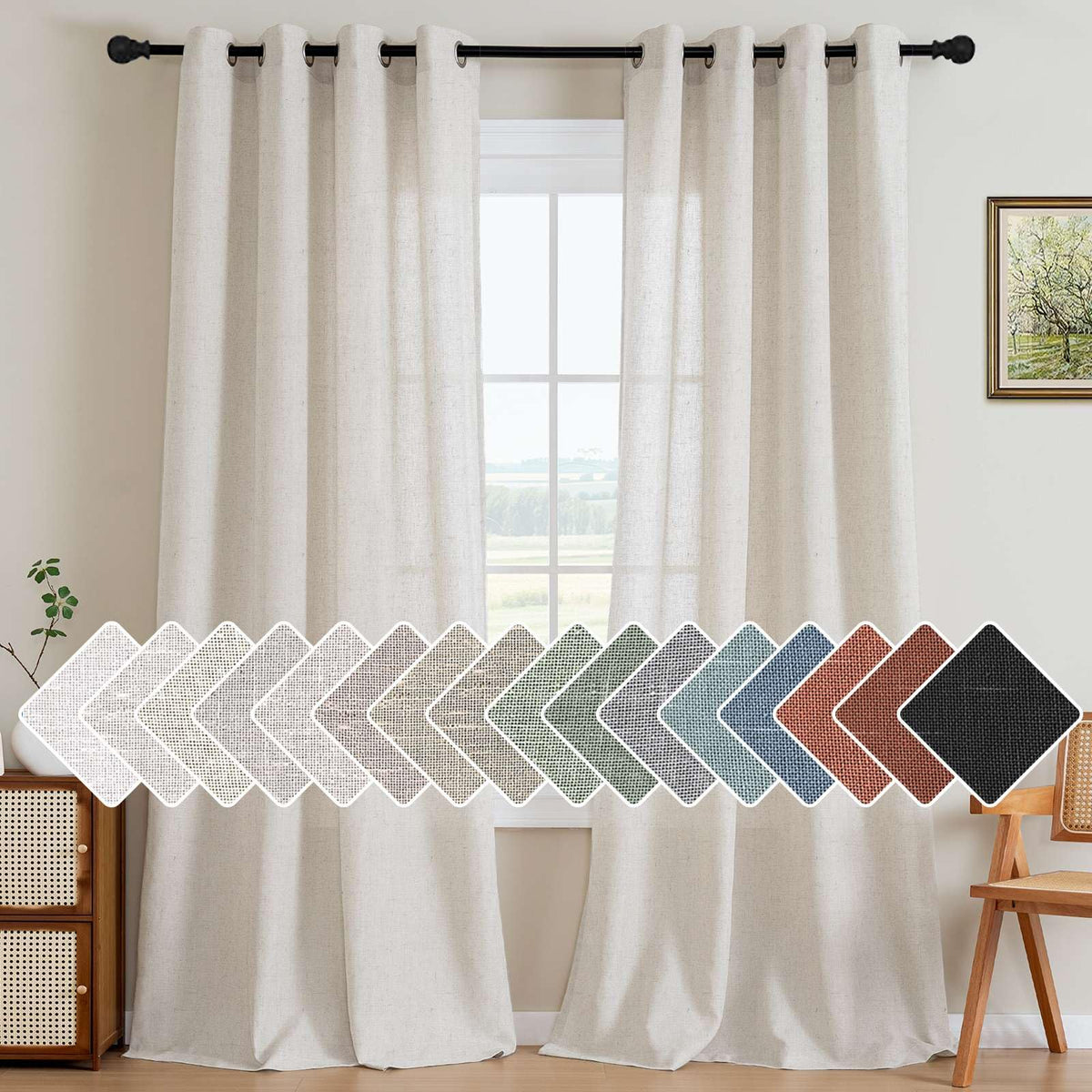 H.VERSAILTEX Natural Linen Curtains 63 inches Long for Living Room 2 Panels Back Tab Loop Pocket Textured Light Filtering Semi Sheer Curtains Rustic Farmhouse Boho Curtain for Bedroom, Sea Grass