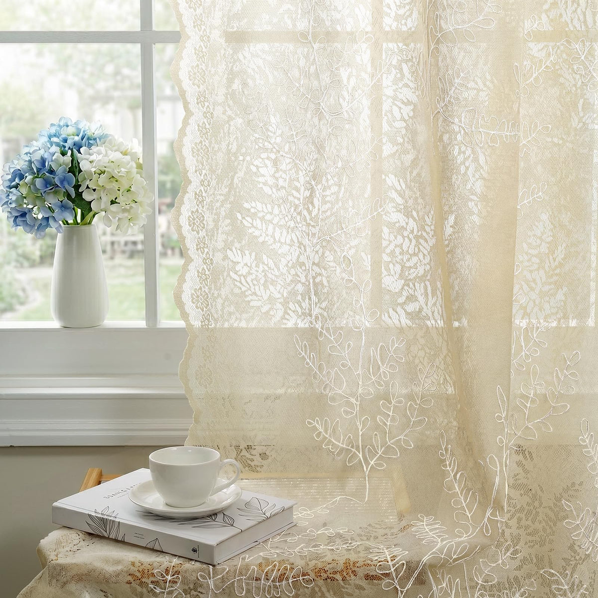 H.VERSAILTEX Cream Beige Lace Curtains 84 Inches Long 2 Panels, Rod Pocket