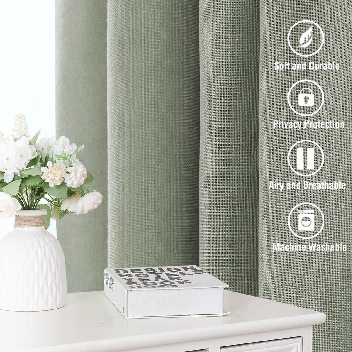 H.VERSAILTEX Natural Linen Curtains 63 inches Long for Living Room 2 Panels Back Tab Loop Pocket Textured Light Filtering Semi Sheer Curtains Rustic Farmhouse Boho Curtain for Bedroom, Sea Grass