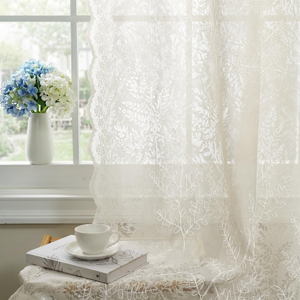H.VERSAILTEX Cream Beige Lace Curtains 84 Inches Long 2 Panels, Rod Pocket