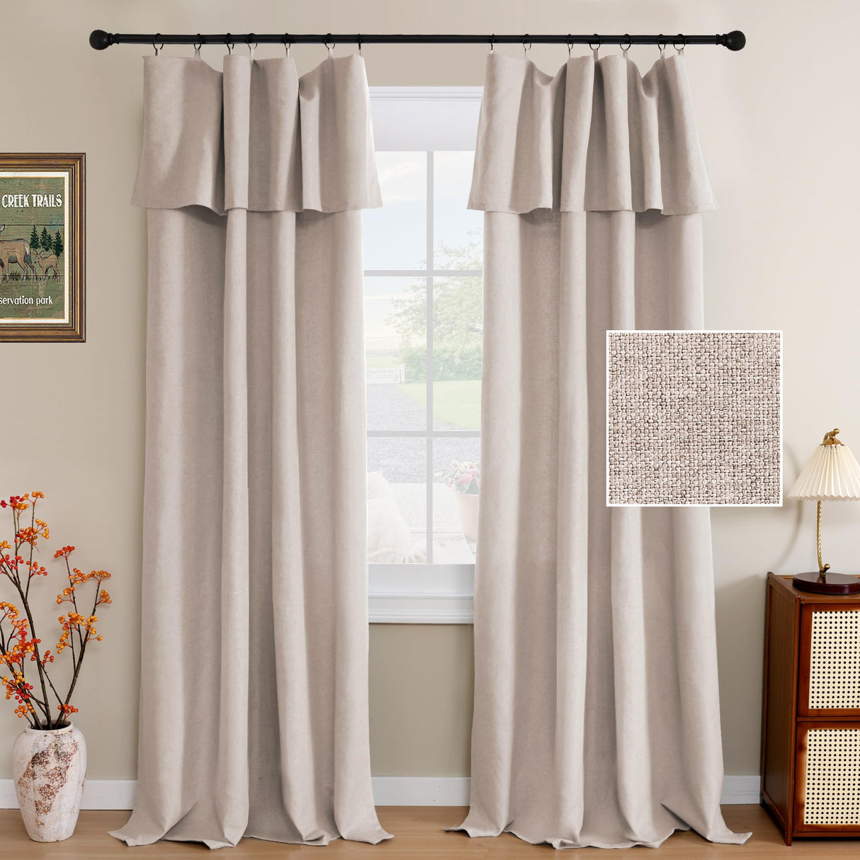 H.VERSAILTEX Linen Curtains with Valance 84 Inch Long 2 Panels Farmhouse Boho Privacy Window Curtains for Living Room Bedroom Ring/Rod Pocket Privacy Light Filtering Drapes, 52x 84 Inch, Heather Sage