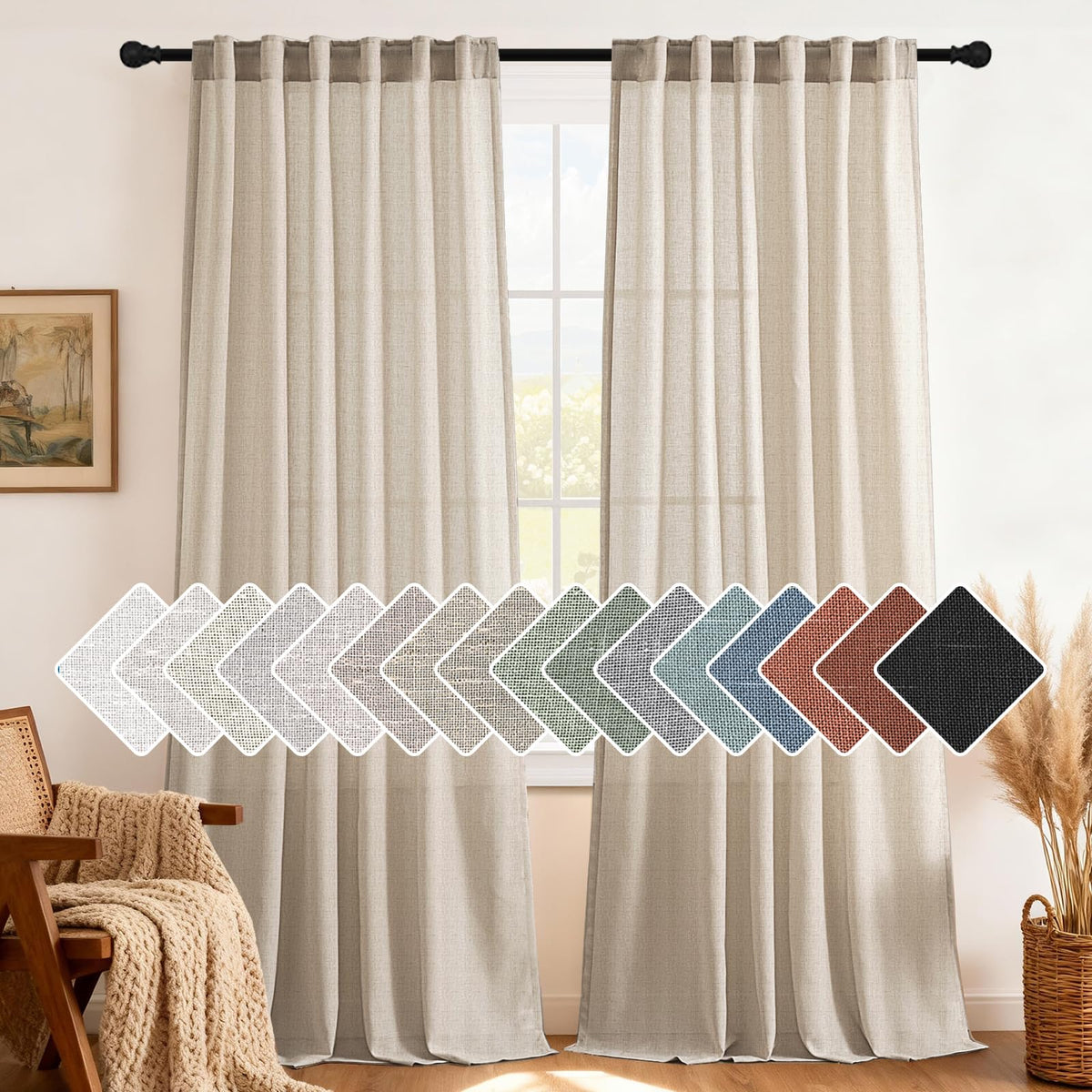 H.VERSAILTEX Natural Linen Curtains 63 inches Long for Living Room 2 Panels Back Tab Loop Pocket Textured Light Filtering Semi Sheer Curtains Rustic Farmhouse Boho Curtain for Bedroom, Sea Grass