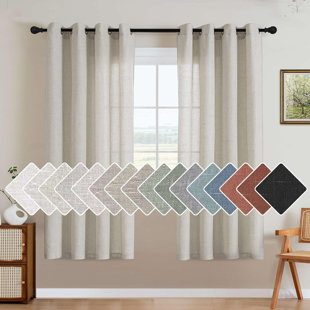 H.VERSAILTEX Natural Linen Curtains 63 inches Long for Living Room 2 Panels Back Tab Loop Pocket Textured Light Filtering Semi Sheer Curtains Rustic Farmhouse Boho Curtain for Bedroom, Sea Grass