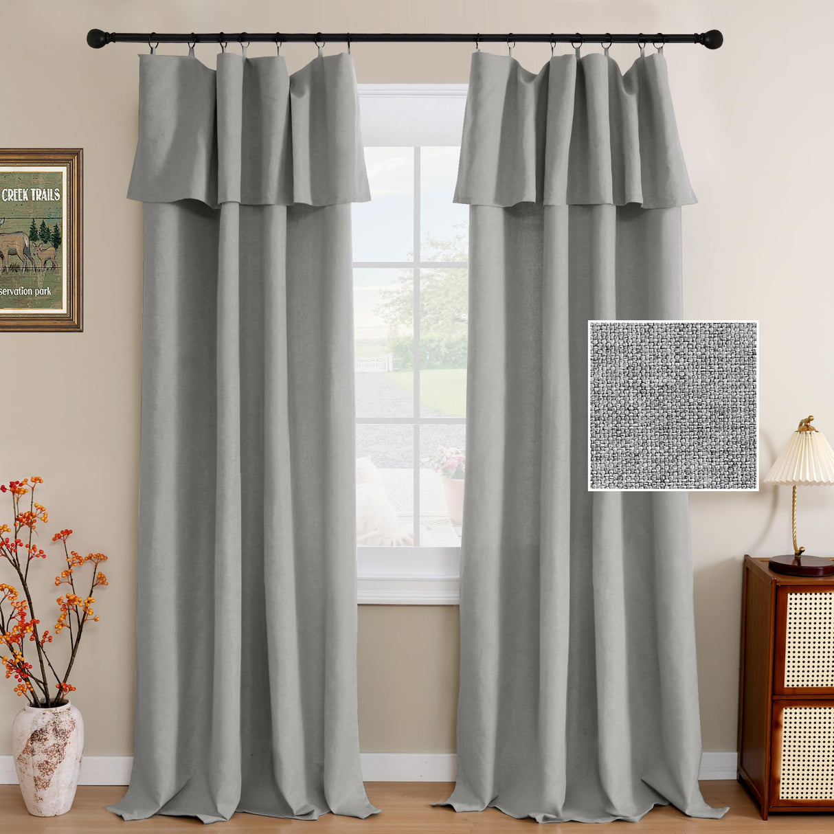 H.VERSAILTEX Linen Curtains with Valance 84 Inch Long 2 Panels Farmhouse Boho Privacy Window Curtains for Living Room Bedroom Ring/Rod Pocket Privacy Light Filtering Drapes, 52x 84 Inch, Heather Sage