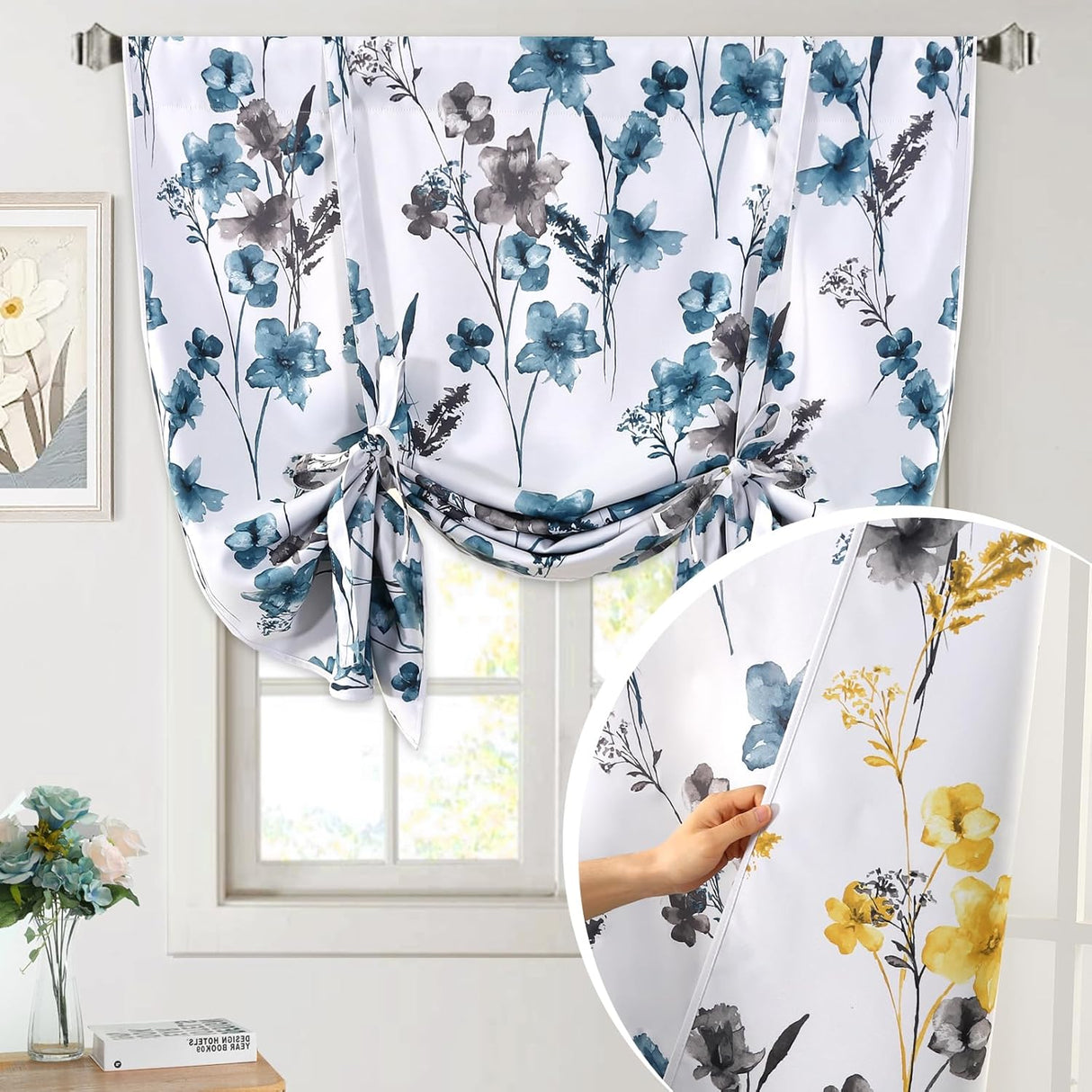 H.VERSAILTEX Tie Up Curtain Double Sided Cattleya Floral Printed Rod Pocket Balloon Roman Window Valance