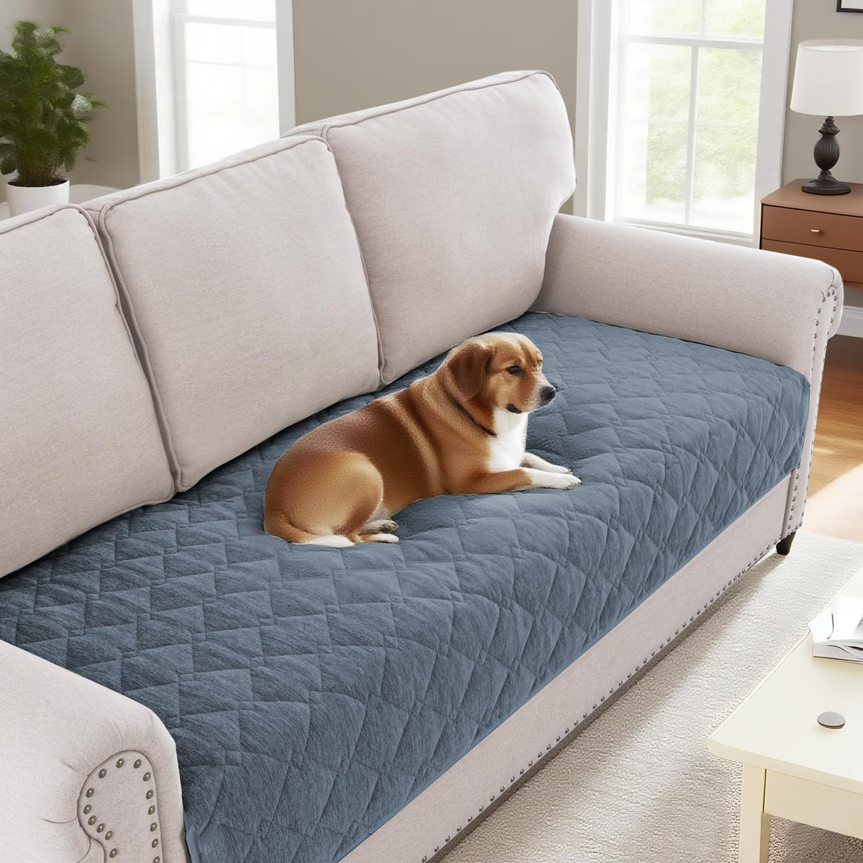 H.VERSAILTEX Couch Cover Chenille Pet Fuzzy Sofa Covers for 3 Cushion Couch Anti Slip Washable Sofa Slipcovers with Strap Soft Couch Protector Cover for Dogs Cats Kids(36" x 74",Khaki)