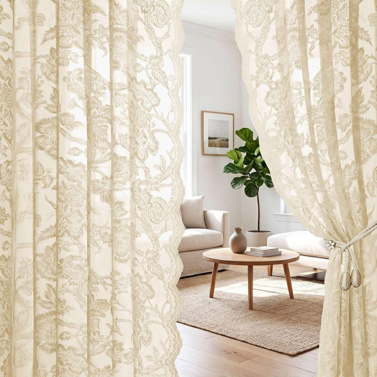 H.VERSAILTEX Cream Beige Lace Curtains 84 Inches Long 2 Panels, Rod Pocket
