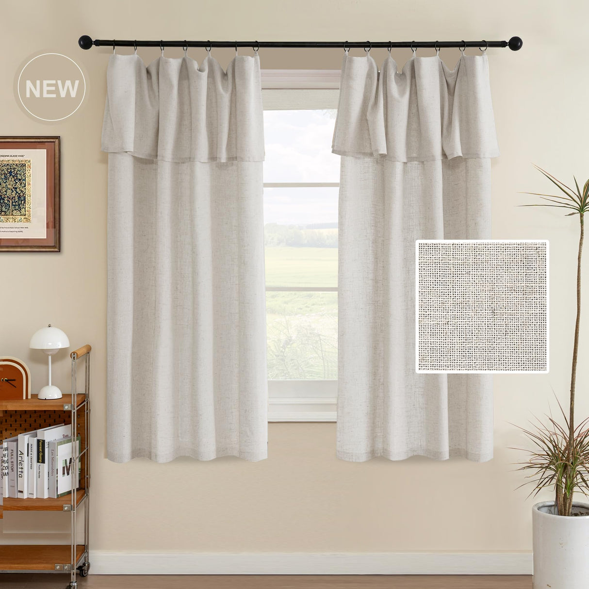 H.VERSAILTEX Linen Curtains with Attached Valance 95 Inch Length for Living Room Boho Window Drapes 2 Panels Set for Farmhouse Semi-Sheer Treatments Rod Pocket/Ring Top for Bedroom 52 x 95 Inch, Linen