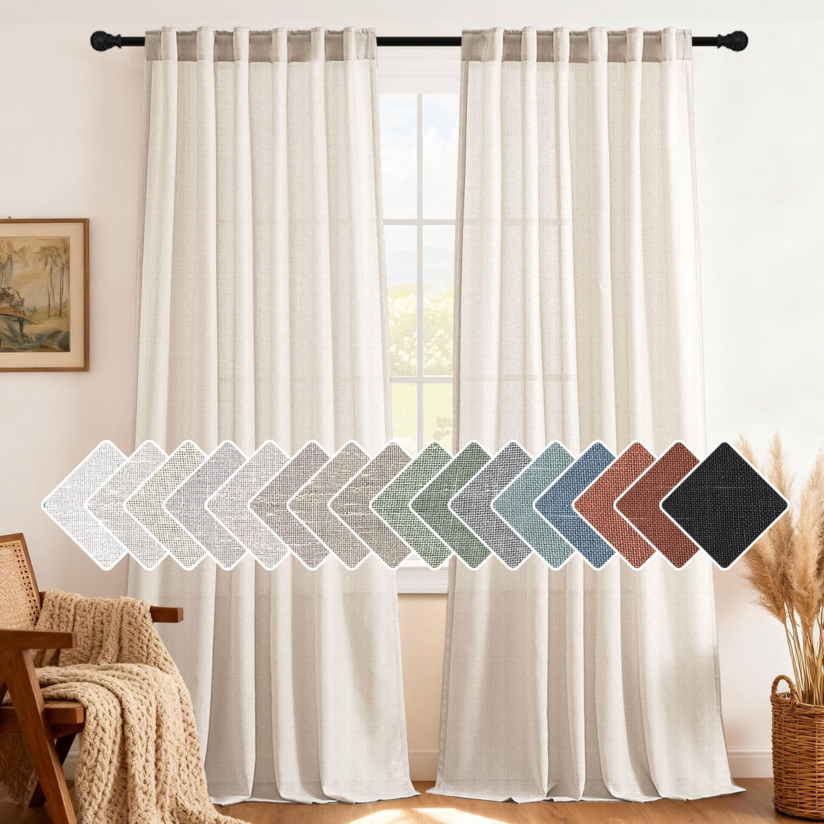 H.VERSAILTEX Natural Linen Curtains 63 inches Long for Living Room 2 Panels Back Tab Loop Pocket Textured Light Filtering Semi Sheer Curtains Rustic Farmhouse Boho Curtain for Bedroom, Sea Grass
