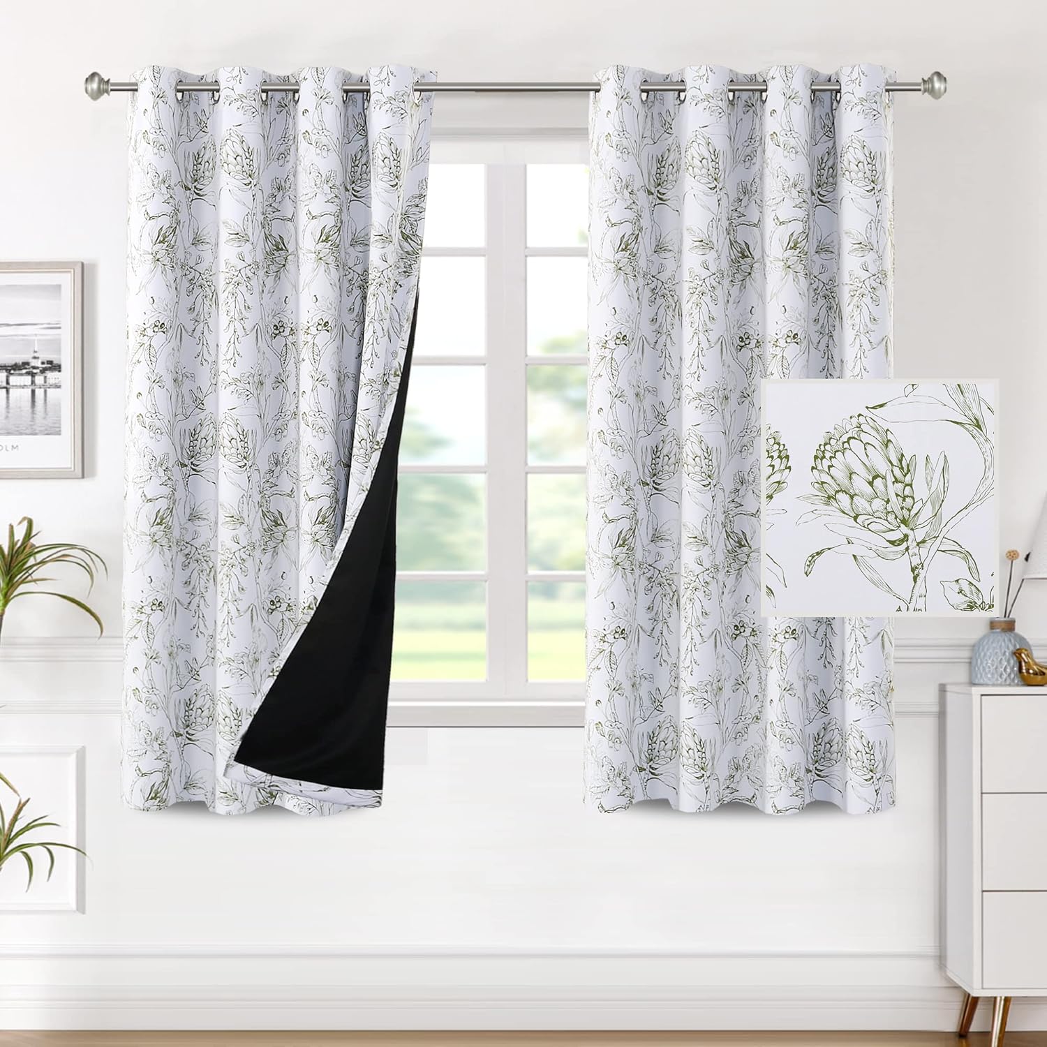 H.VERSAILTEX 100% Blackout Curtains for Living Room Camellia Floral Thermal Insulated Grommet Window Drapes 2 Panels