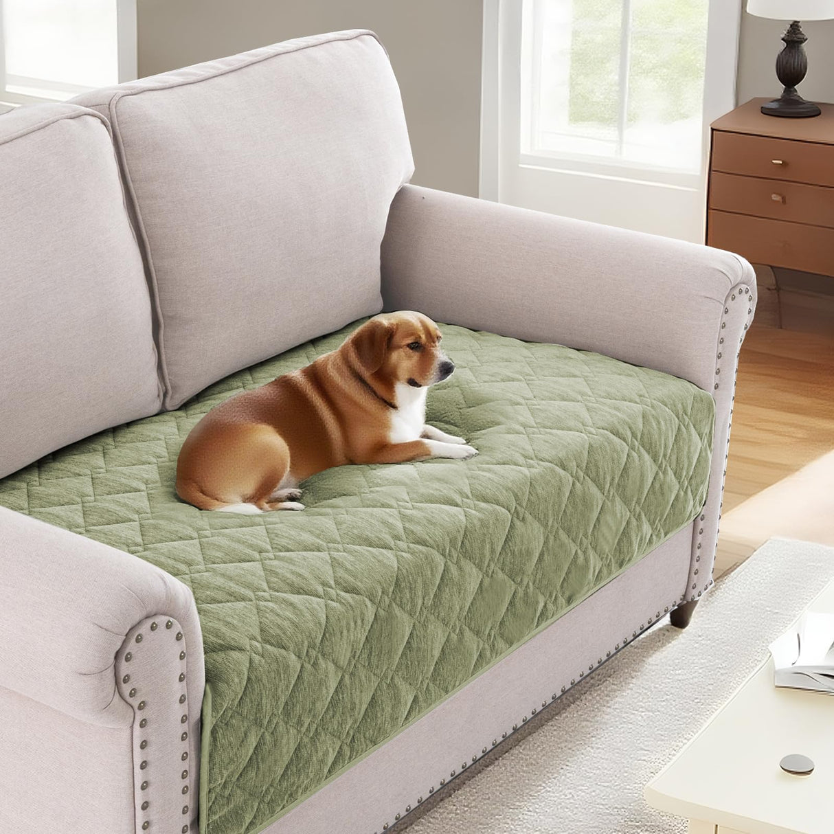 H.VERSAILTEX Couch Cover Chenille Pet Fuzzy Sofa Covers for 3 Cushion Couch Anti Slip Washable Sofa Slipcovers with Strap Soft Couch Protector Cover for Dogs Cats Kids(36" x 74",Khaki)